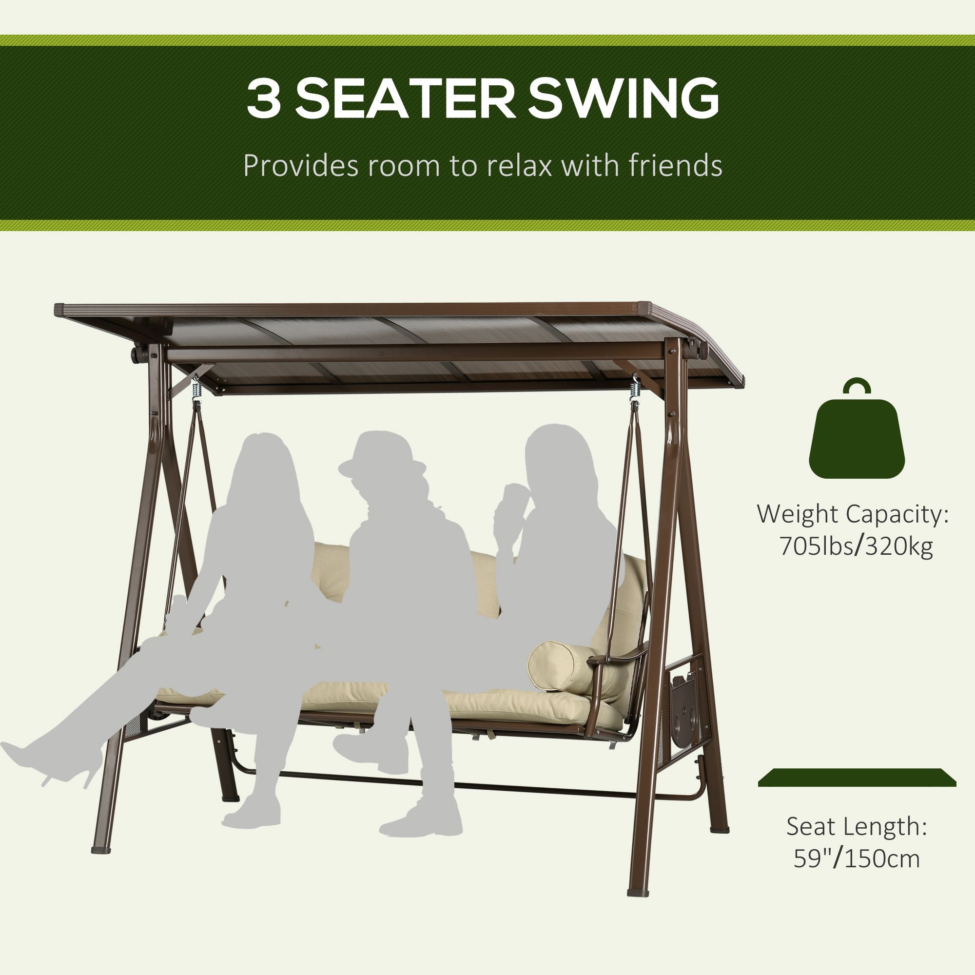 Outsunny 3-Seat Patio Swing Chair, Outdoor Canopy Swing Glider with Cushion, Pillows and Adjustable Polycarbonate Canopy for Porch, Garden, Poolside, Backyard, Khaki
