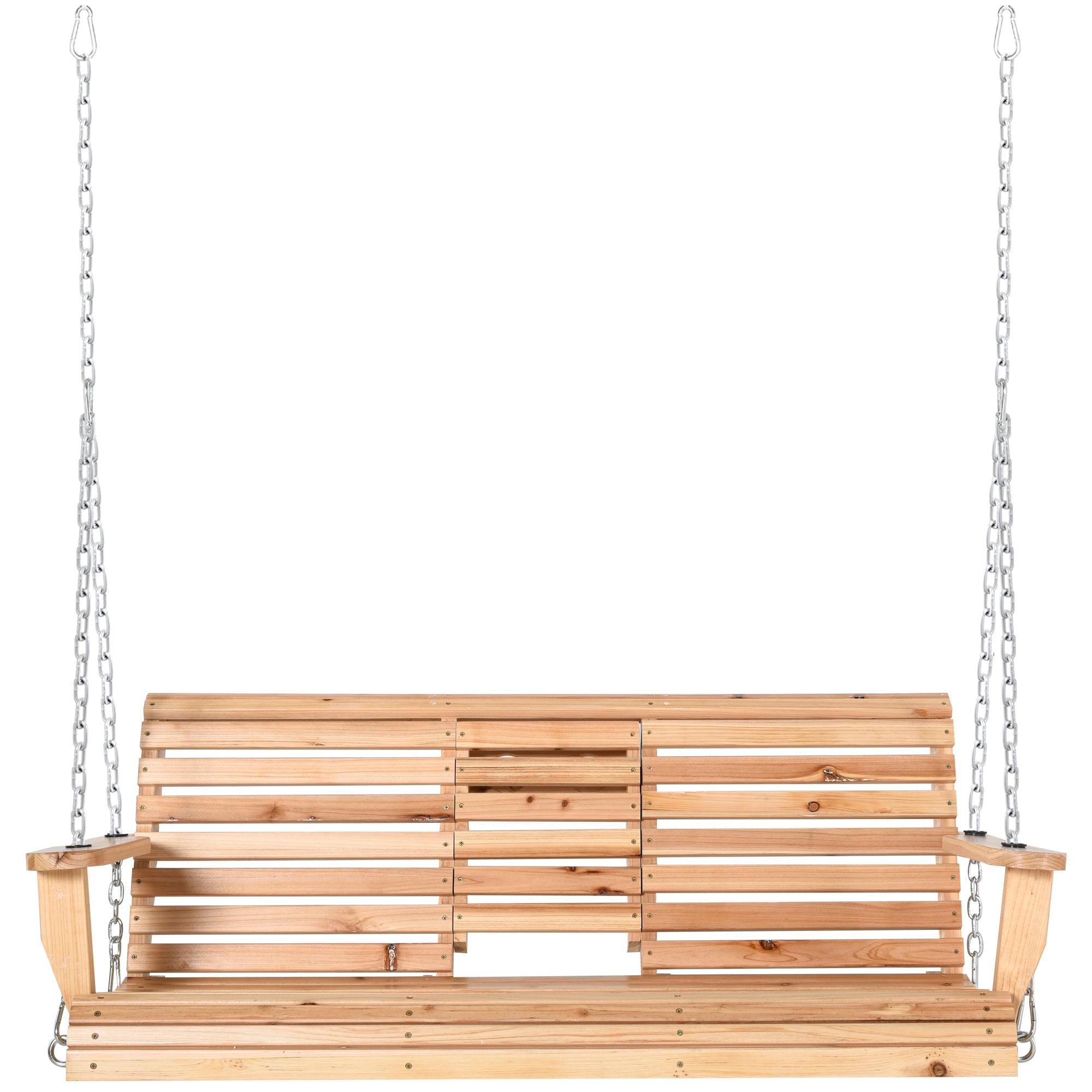 Outsunny 3 Seater Patio Swing Chair Wood Porch Swing with Foldable Table, Cup Holders, Steel Chains for Garden, Yard, Natural