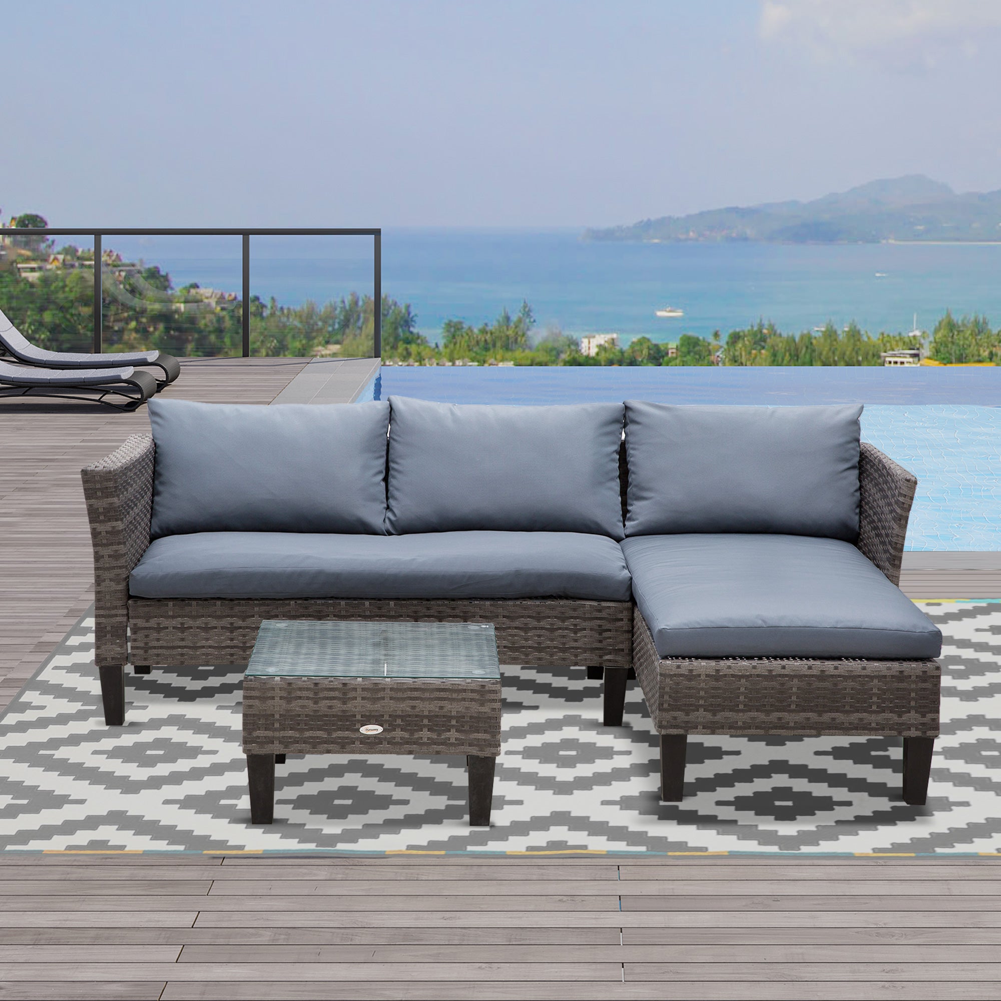 Outsunny 3 Piece Wicker Patio Furniture Set Outdoor Sofa Set with Glass Tabletop, Cushions Metal Frame for Balcony, Patio, Grey
