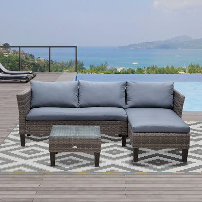 Outsunny 3 Piece Wicker Patio Furniture Set Outdoor Sofa Set with Glass Tabletop, Cushions Metal Frame for Balcony, Patio, Grey