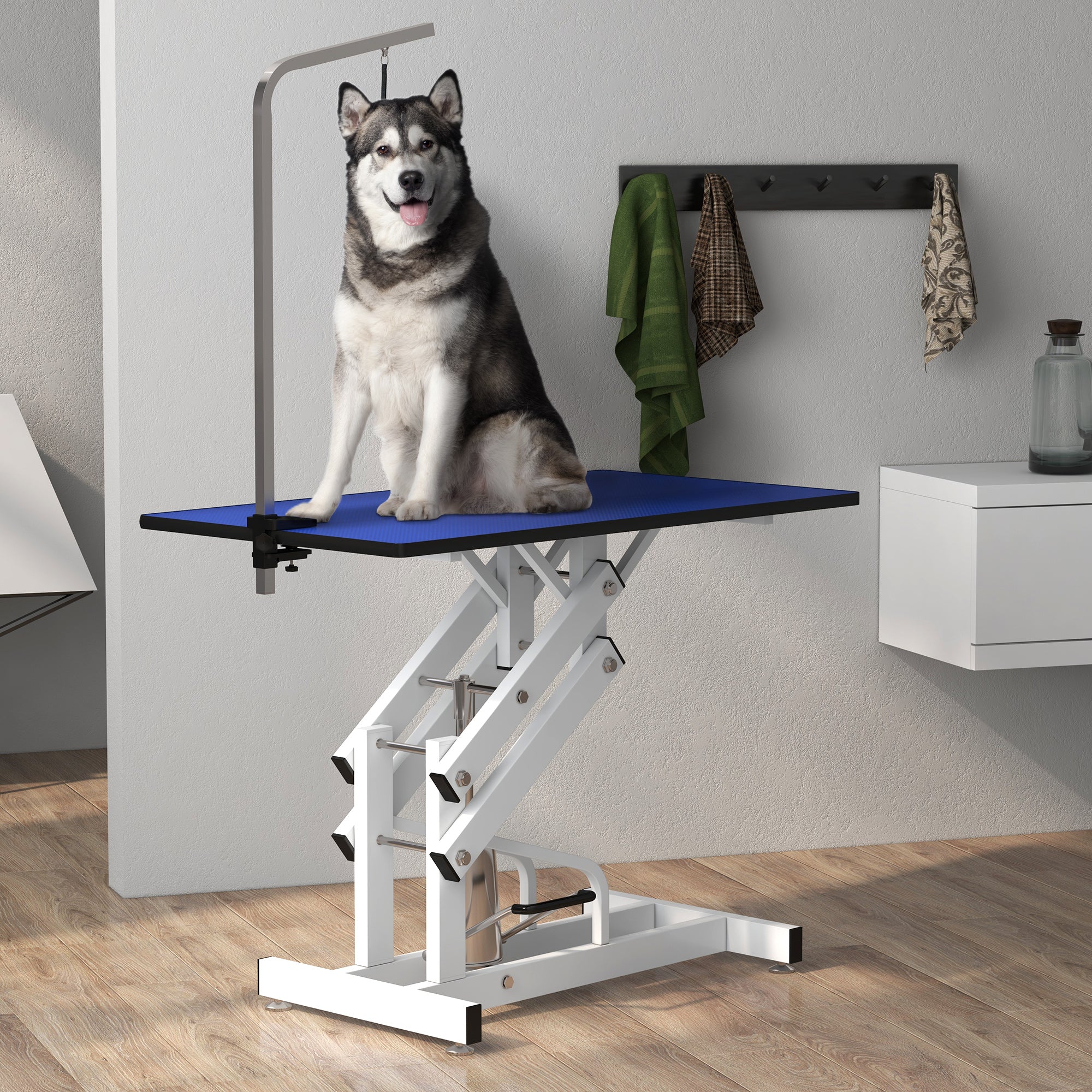 PawHut Pet Grooming Table, Height Adjustable Dog Grooming Table with Arm, Noose and Non-Slip Grooming Table, Blue