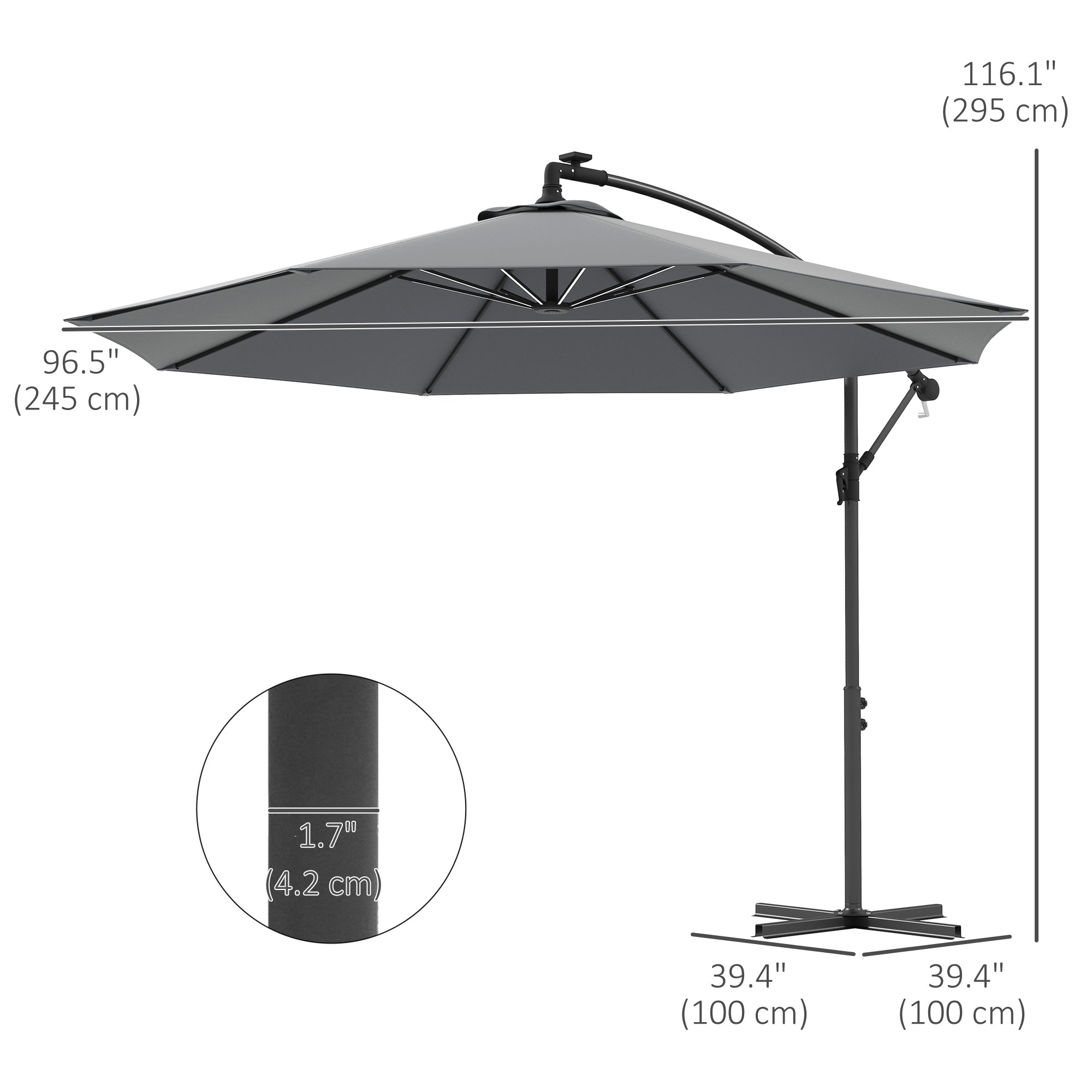 Outsunny 10ft Outdoor Cantilever Hanging Offset Umbrella with Solar LED Lights, Crank, Cross Base, Aluminum Frame, Grey