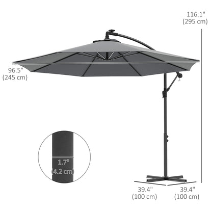 Outsunny 10ft Outdoor Cantilever Hanging Offset Umbrella with Solar LED Lights, Crank, Cross Base, Aluminum Frame, Grey