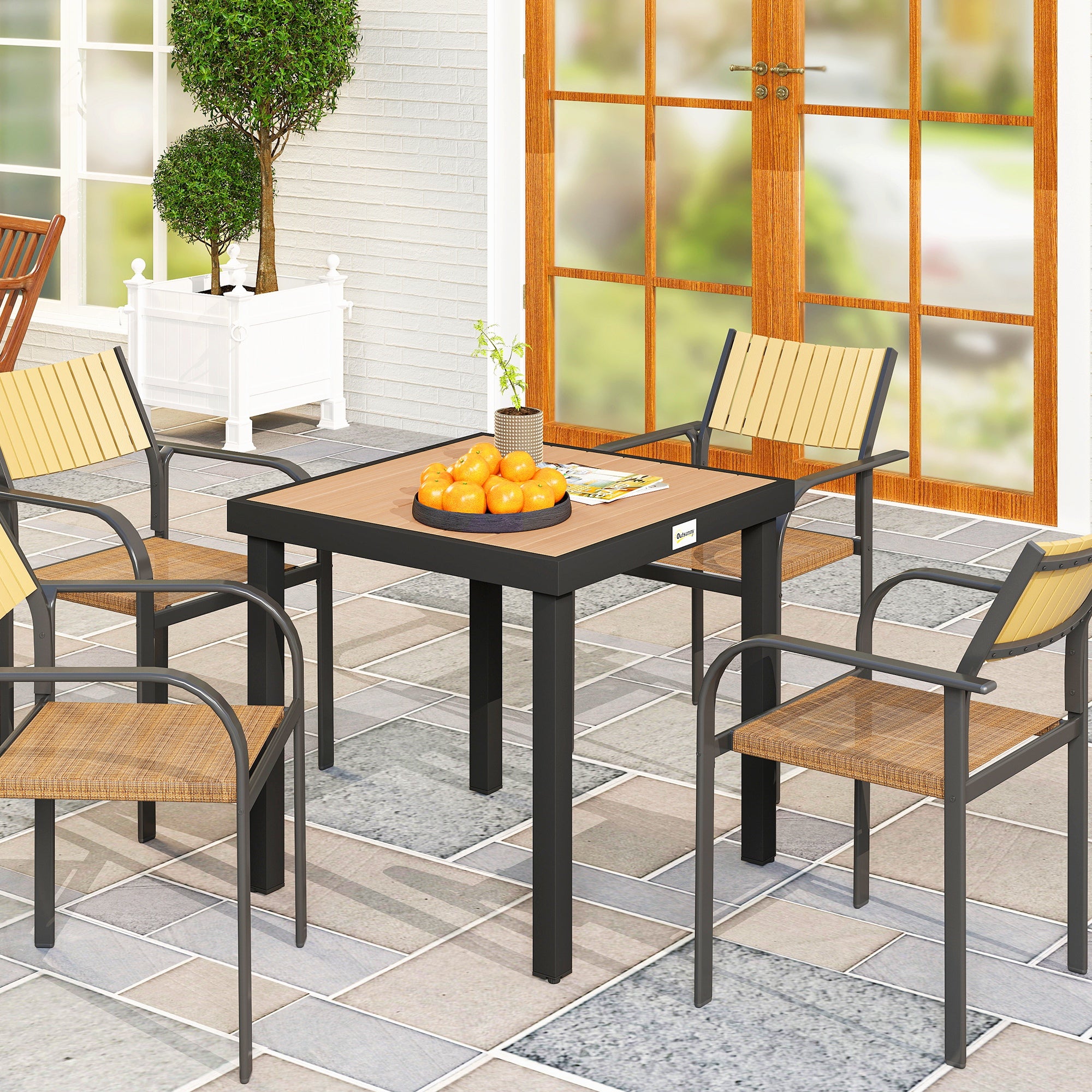 Outsunny Patio Dining Table for 4, Square Aluminum Outdoor Table for Garden Lawn Backyard, Natural