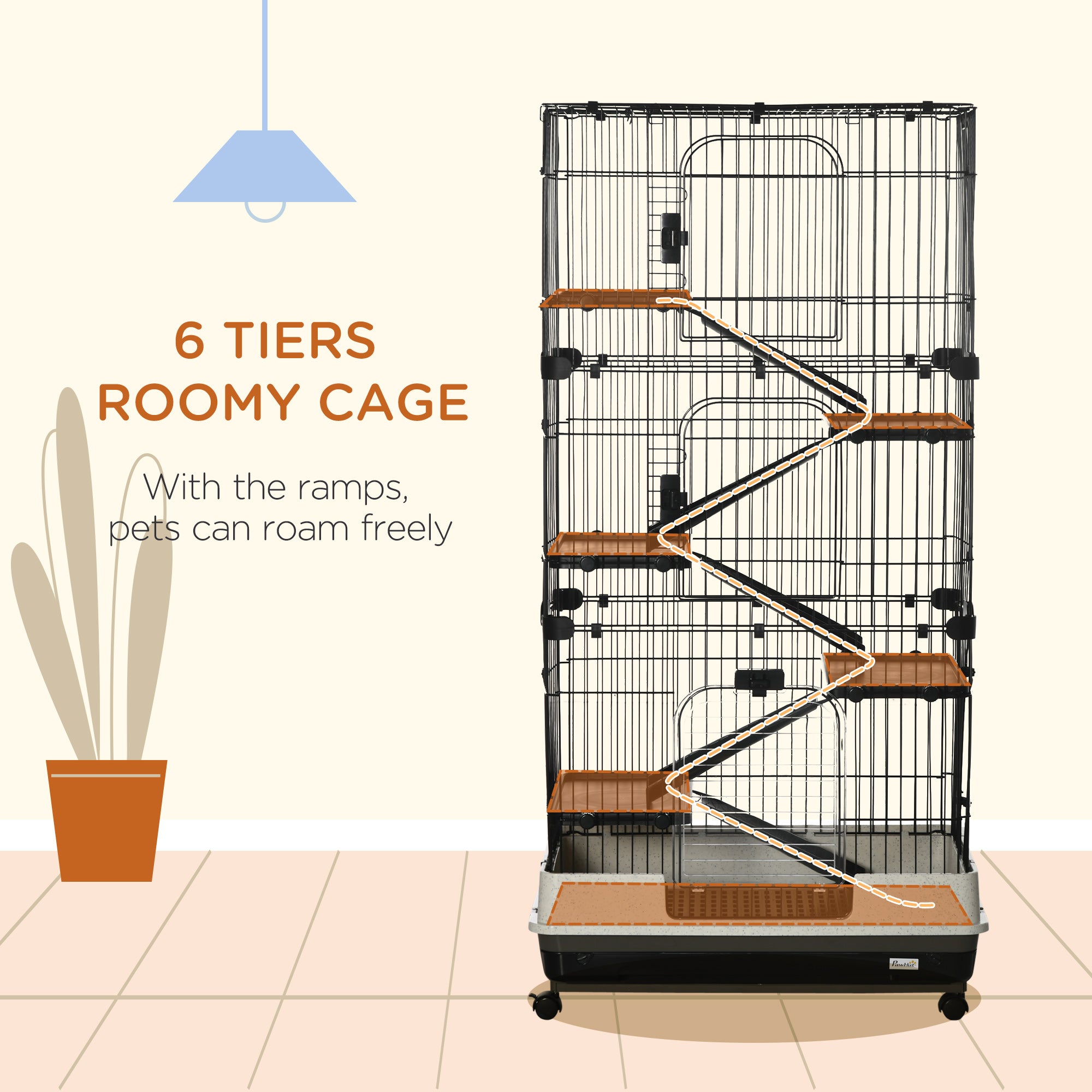 PawHut 63"H 6-Level Small Animal Cage Rabbit Hutch with Universal Lockable Wheels, Slide-Out Tray for Bunny, Chinchillas, Ferret, Black