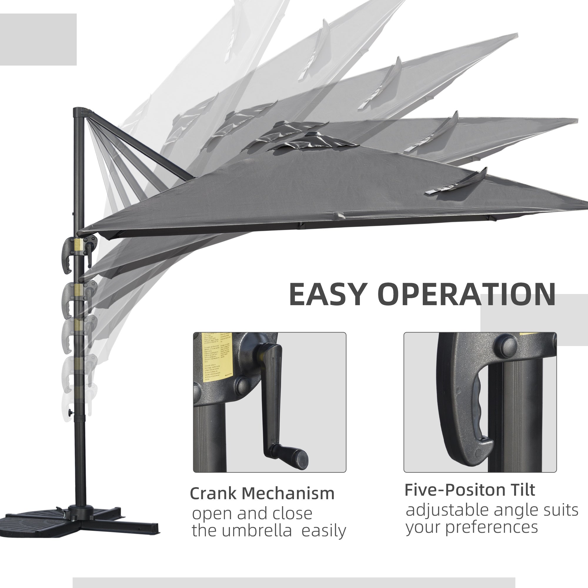 Outsunny 9ft Cantilever Patio Umbrella, Square Overhanging Umbrella with Cross Base, Crank Handle, Tilt, 360° Rotation and Aluminum Frame, Dark Grey