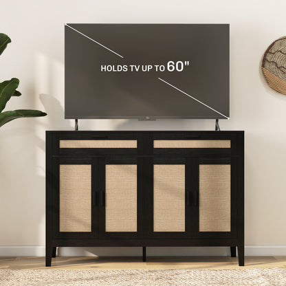 HOMCOM Kitchen Sideboard Cabinet, Boho Buffet Table with Decorative Rattan Doors and Drawers for Dining Room, Black