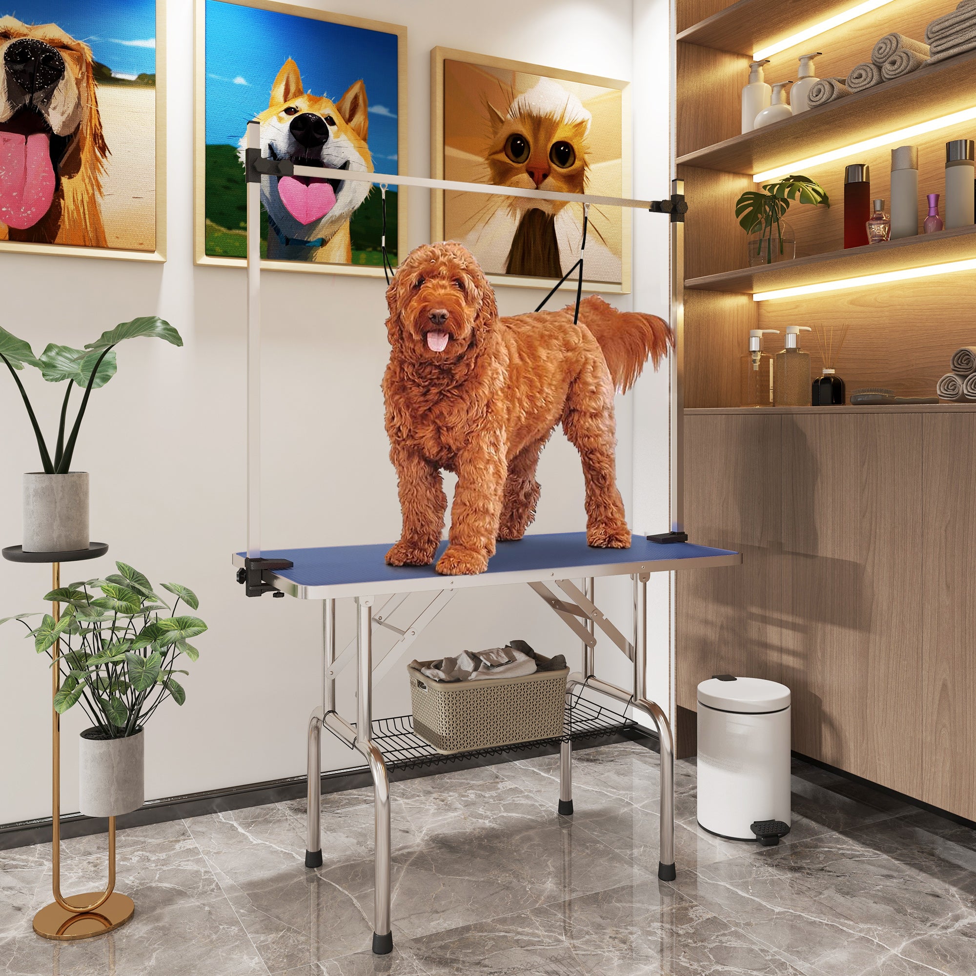 PawHut Adjustable Dog Grooming Table with 2 Safety Slings, Storage Basket, Blue