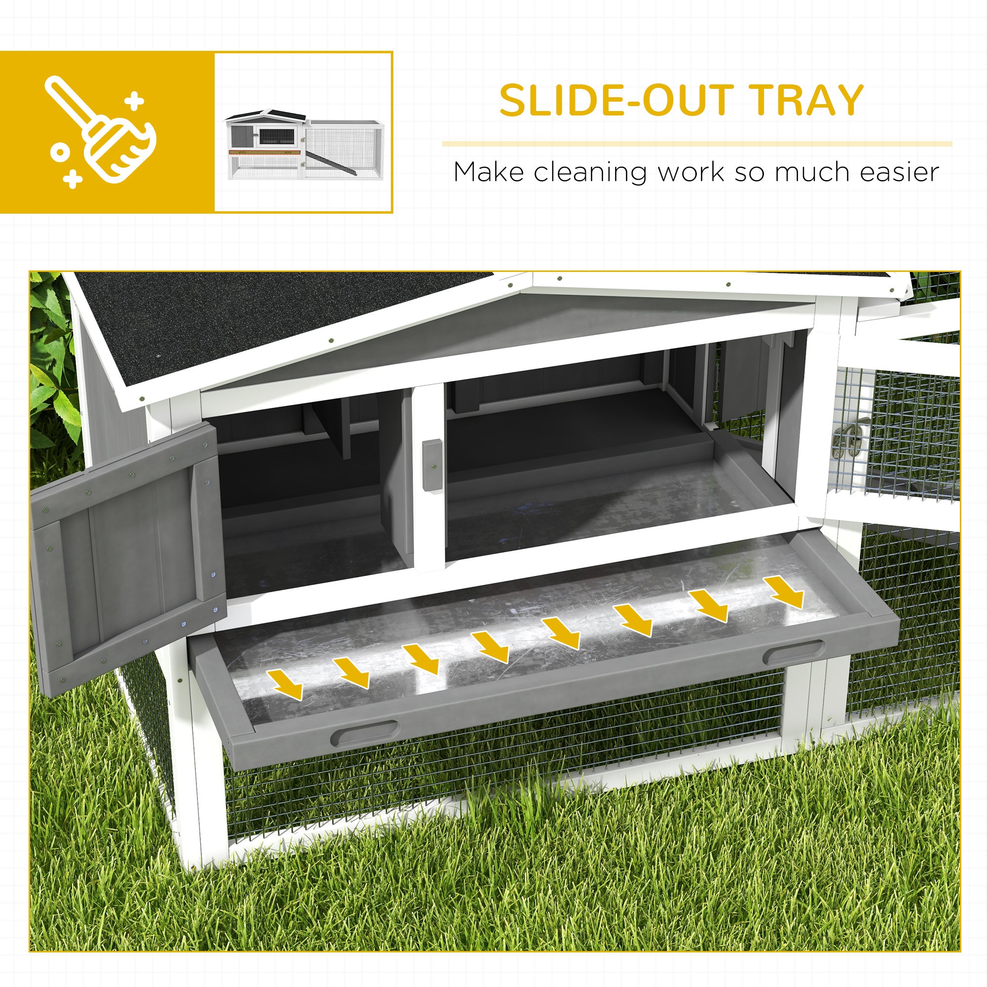 PawHut Wooden Rabbit Hutch Guinea Pig House with Removable Tray, Openable Roof, Trough, Run for Tortoises and Ferrets, Grey