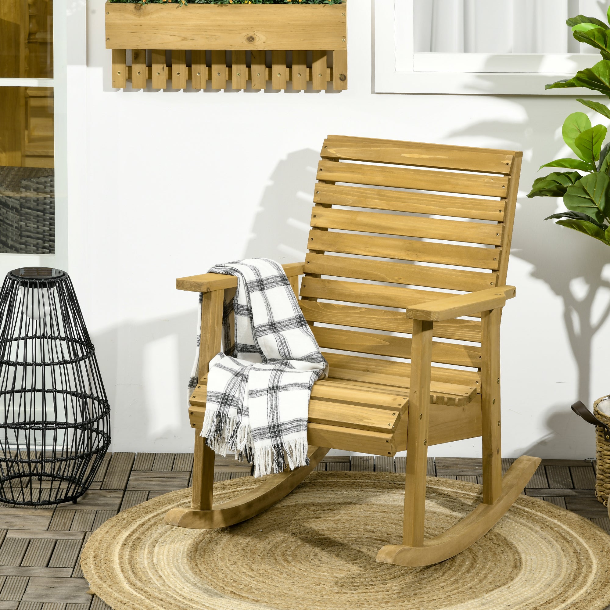 Outsunny Wooden Outdoor Rocking Chair, Patio Traditional Rocking Chair, Slatted Structure Porch Rocker w/ Armrest for Both Outdoor and Indoor, Light Brown