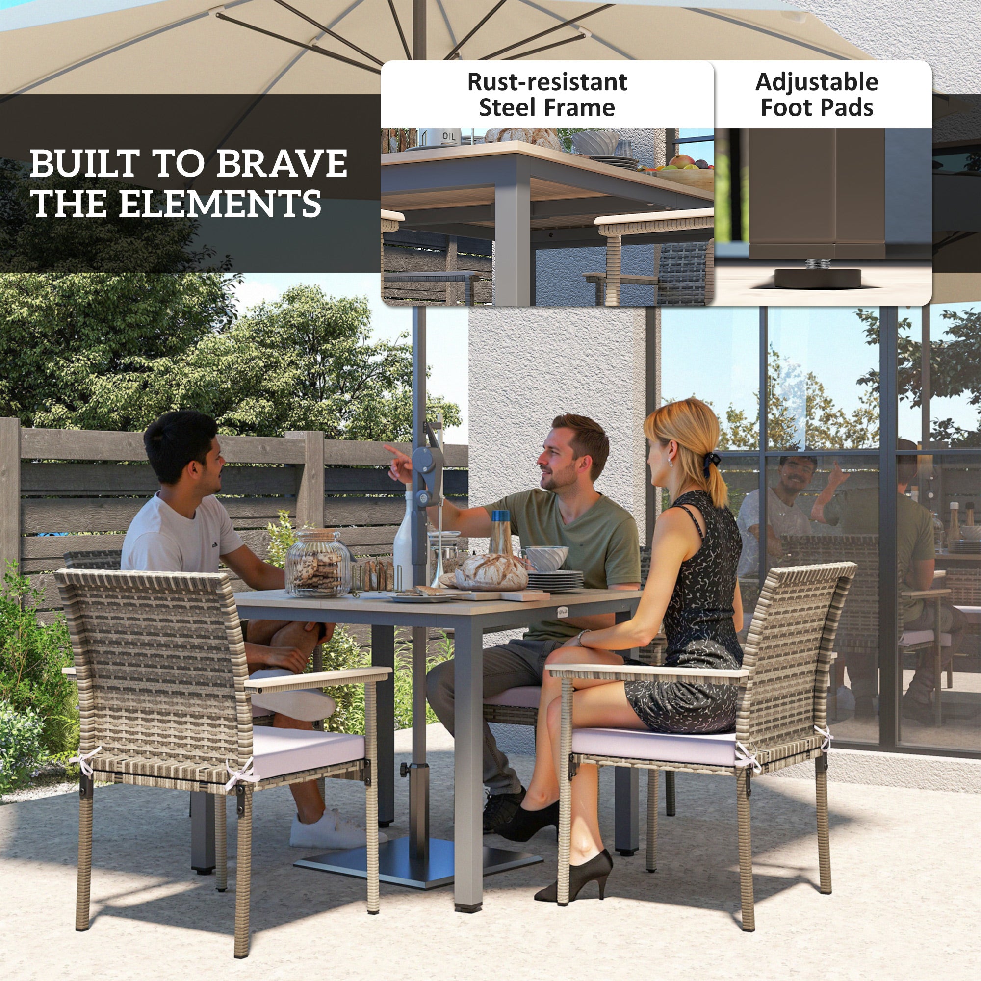 Outsunny 5 Pieces Wicker Outdoor Furniture Set, Rattan Patio Dining Set with Cushions, Umbrella Hole for Garden Backyard, Grey