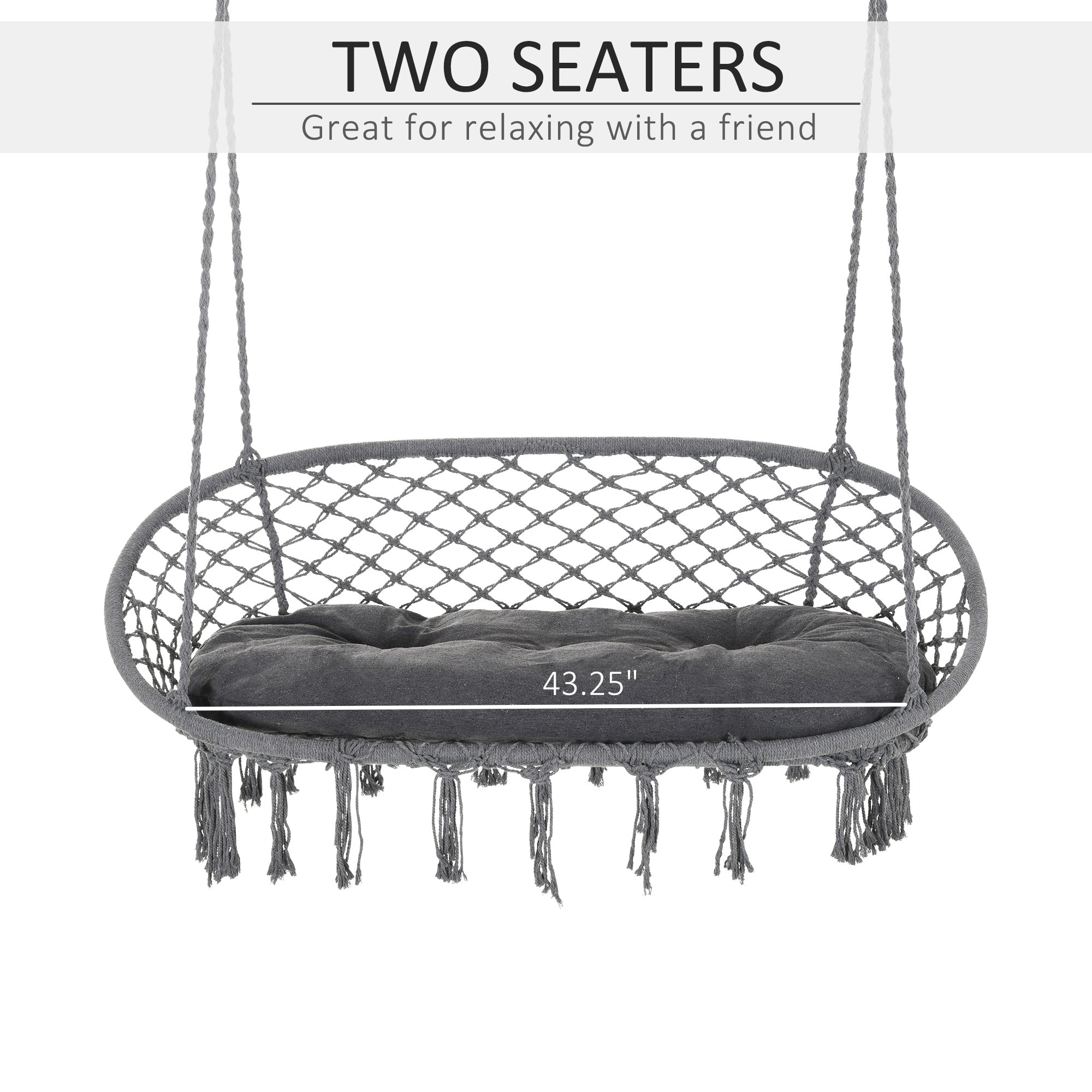 Outsunny Patio Hammock Chair 2 Seat, Hanging Rope Hammock Swing Chair with Metal Frame and Cushion, Large Macrame Seat for Indoor and Outdoor 396 lbs Capacity, Dark Grey