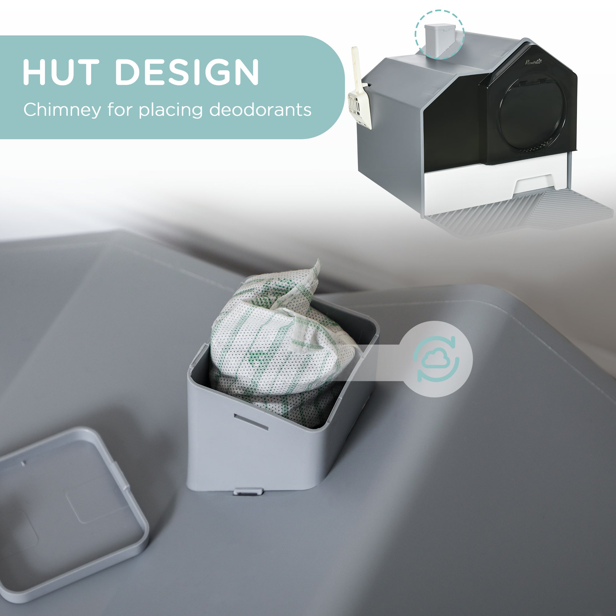 PawHut Hooded Cat Litter Box with Lid, Pull-Out Drawer, Handle, Scoop, Deodorizer Packs for Odor Control & Easy-Clean, Grey