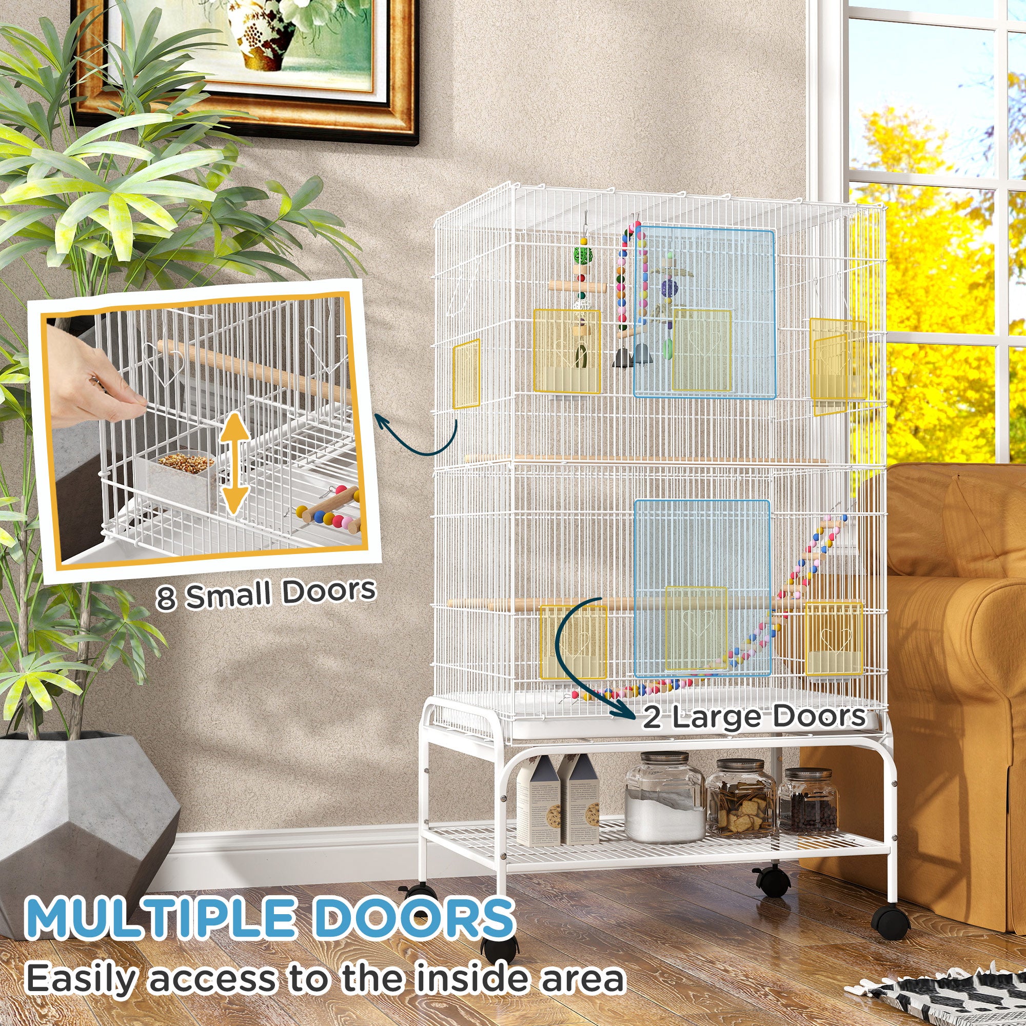 PawHut 43" Bird Cage with Rolling Stand, Toys, for Budgies Canaries White