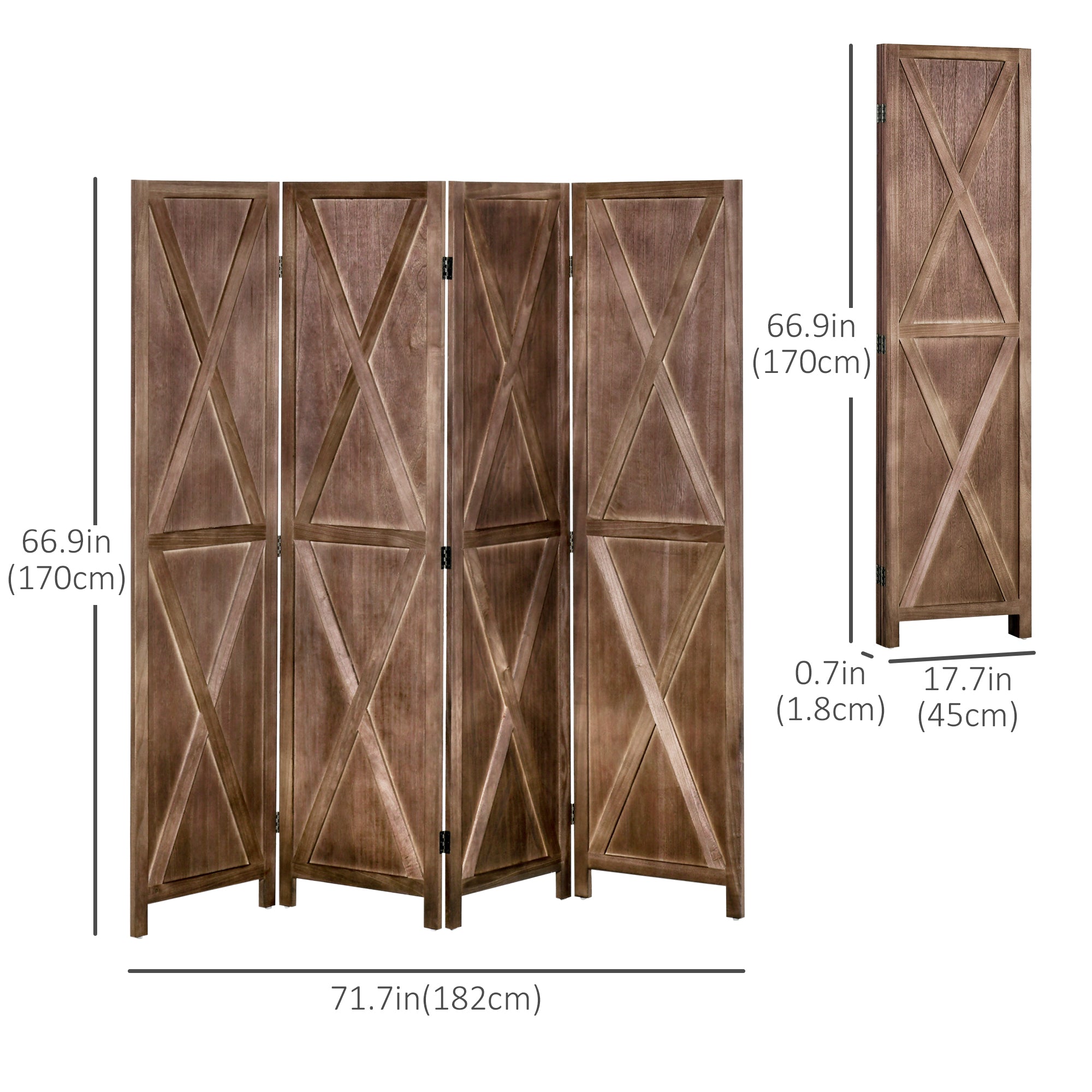 HOMCOM 4-panel Wall Partition Farmhouse Room Separator with Foldable Design Wooden Frame 5.6FT, Walnut