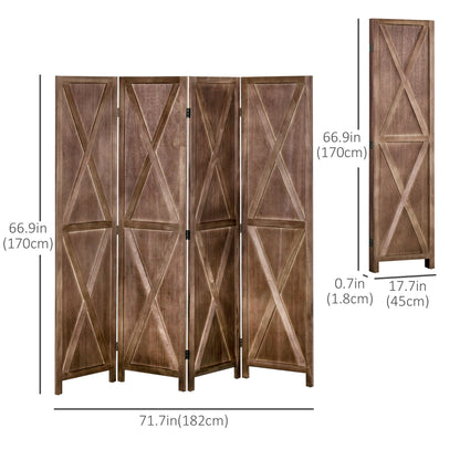 HOMCOM 4-panel Wall Partition Farmhouse Room Separator with Foldable Design Wooden Frame 5.6FT, Walnut