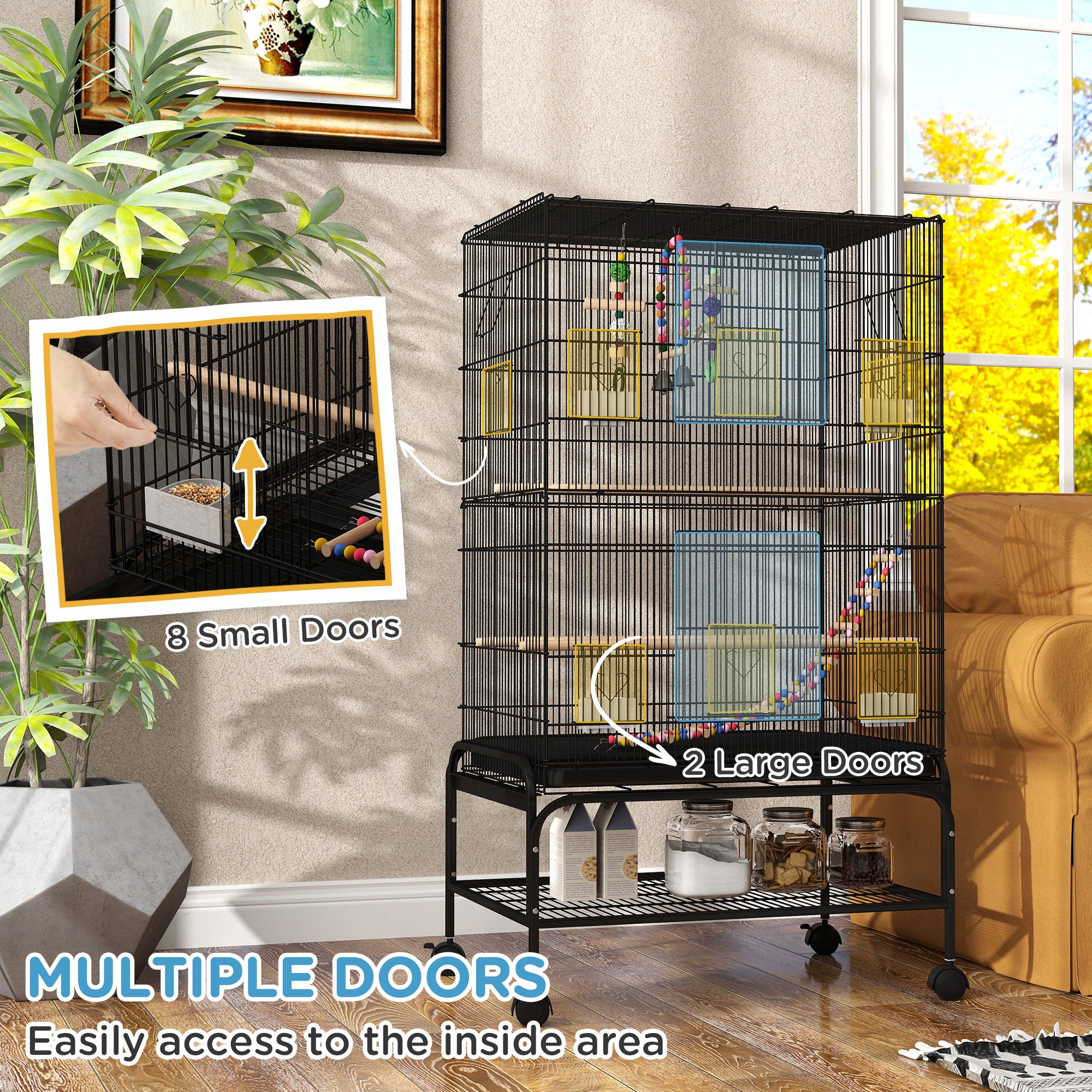 PawHut 43" Bird Cage with Rolling Stand, Toys, for Budgies Canaries Black