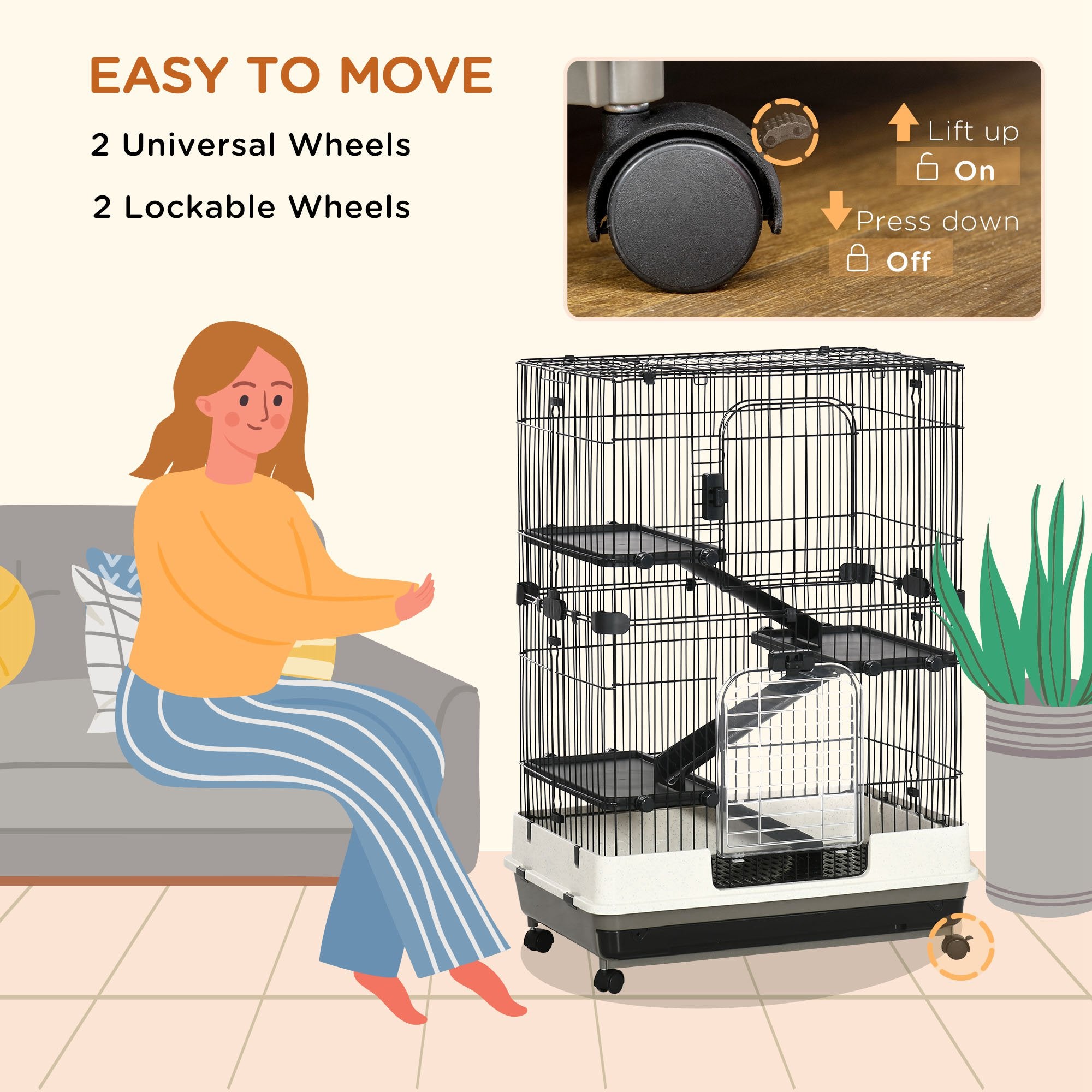 PawHut 45"H 4-Level Small Animal Cage Rabbit Hutch with Universal Lockable Wheels, Slide-out Tray for Bunny, Chinchillas, Ferret, Black