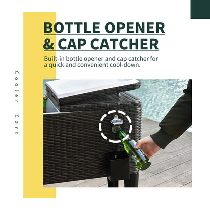 Outsunny 80 Quart Rattan Rolling Cooler Cart Portable Patio Ice Beer Beverage Cooling Bin for Outdoor Party w/ Bottle Opener, Brown Wicker