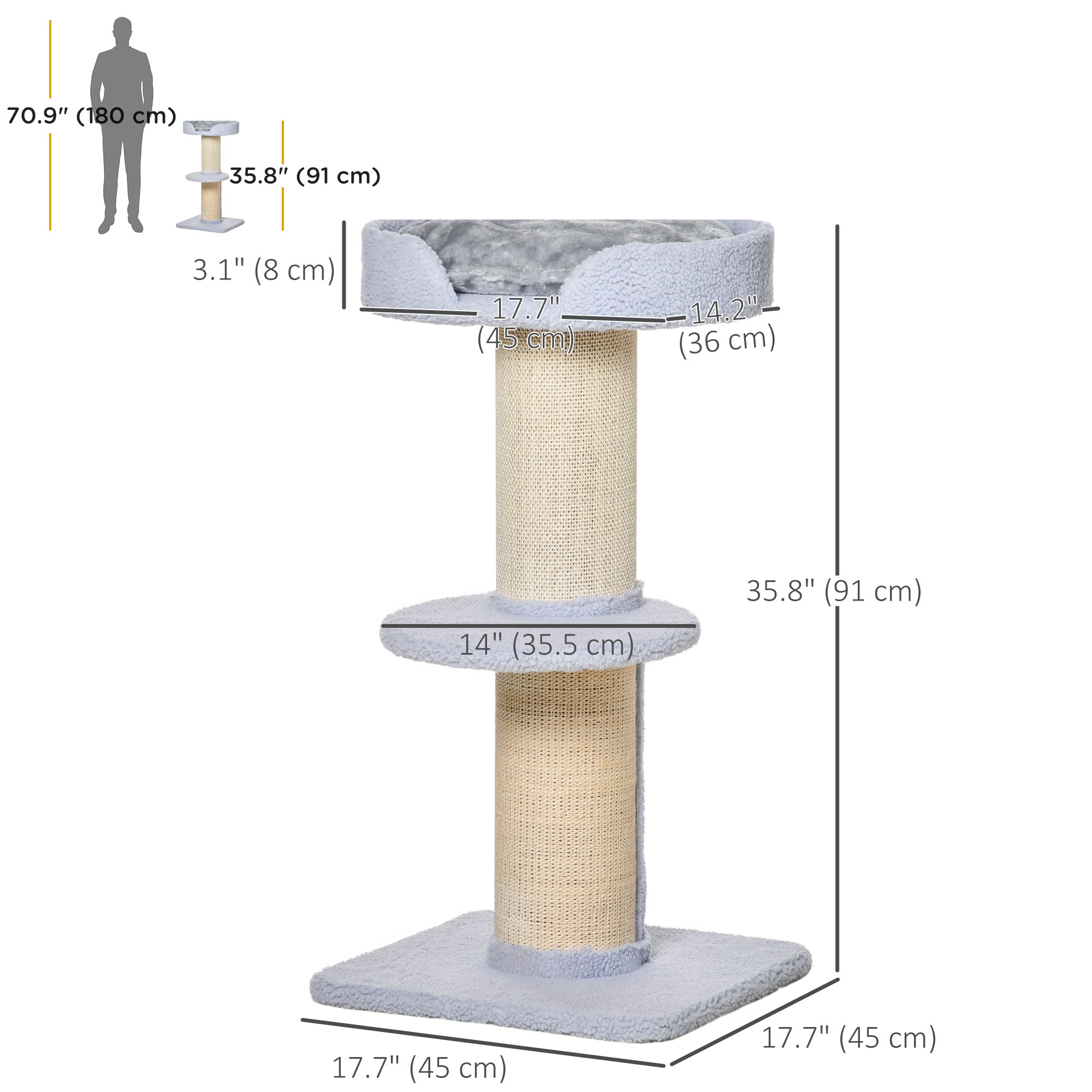 PawHut Cat Tree Kitty Tower with Sisal Mat Scratching Post, Cat Bed, Cushion, Perch, 18" x 18" x 36",  Light Blue