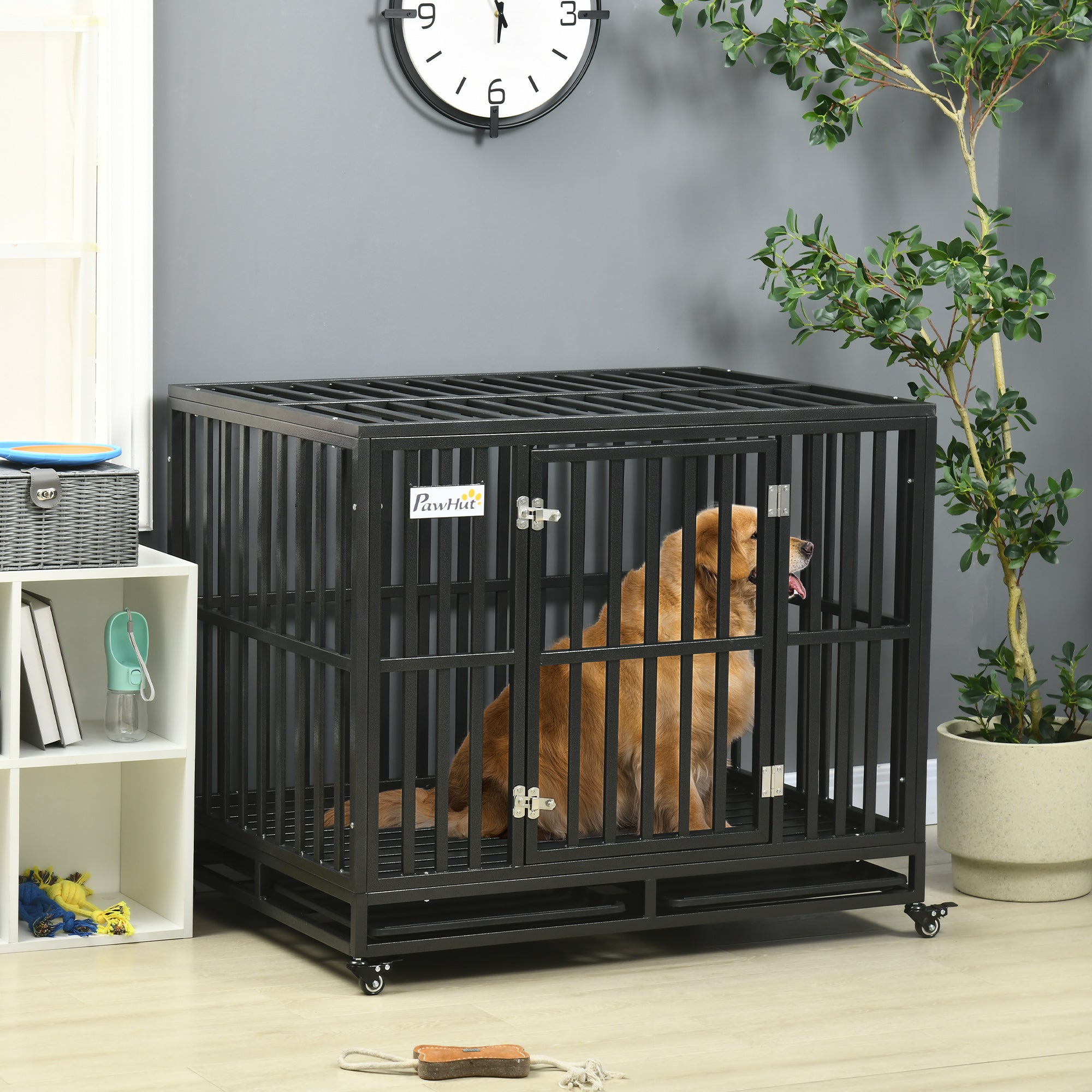 PawHut 45" Heavy Duty Steel Dog Crate Kennel Pet Cage with Wheels for Convenient Access Anti-Pinching Floor, Black