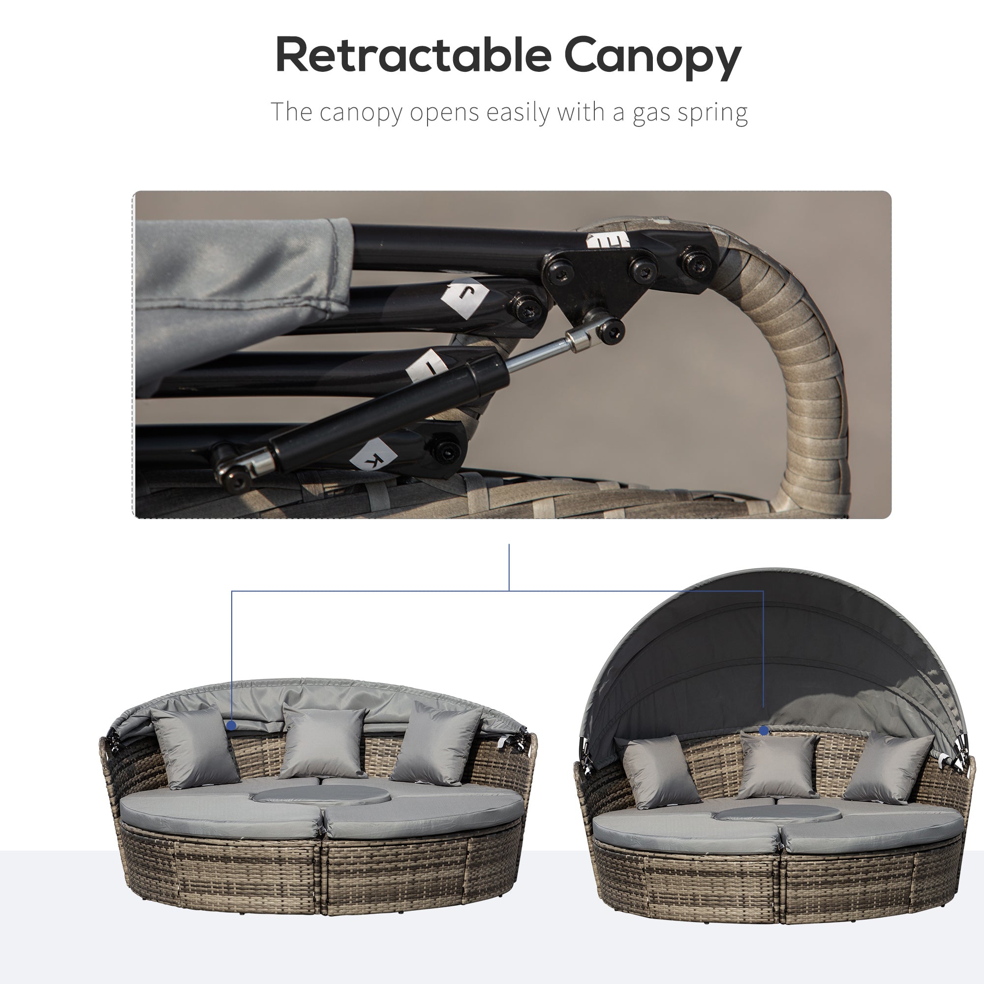 Outsunny 4 Pieces Outdoor Daybed with Retractable Canopy, PE Rattan Wicker Round Sofa Day Bed, Patio Sectional  Conversation Furniture Set with Cushions and Pillows, Grey