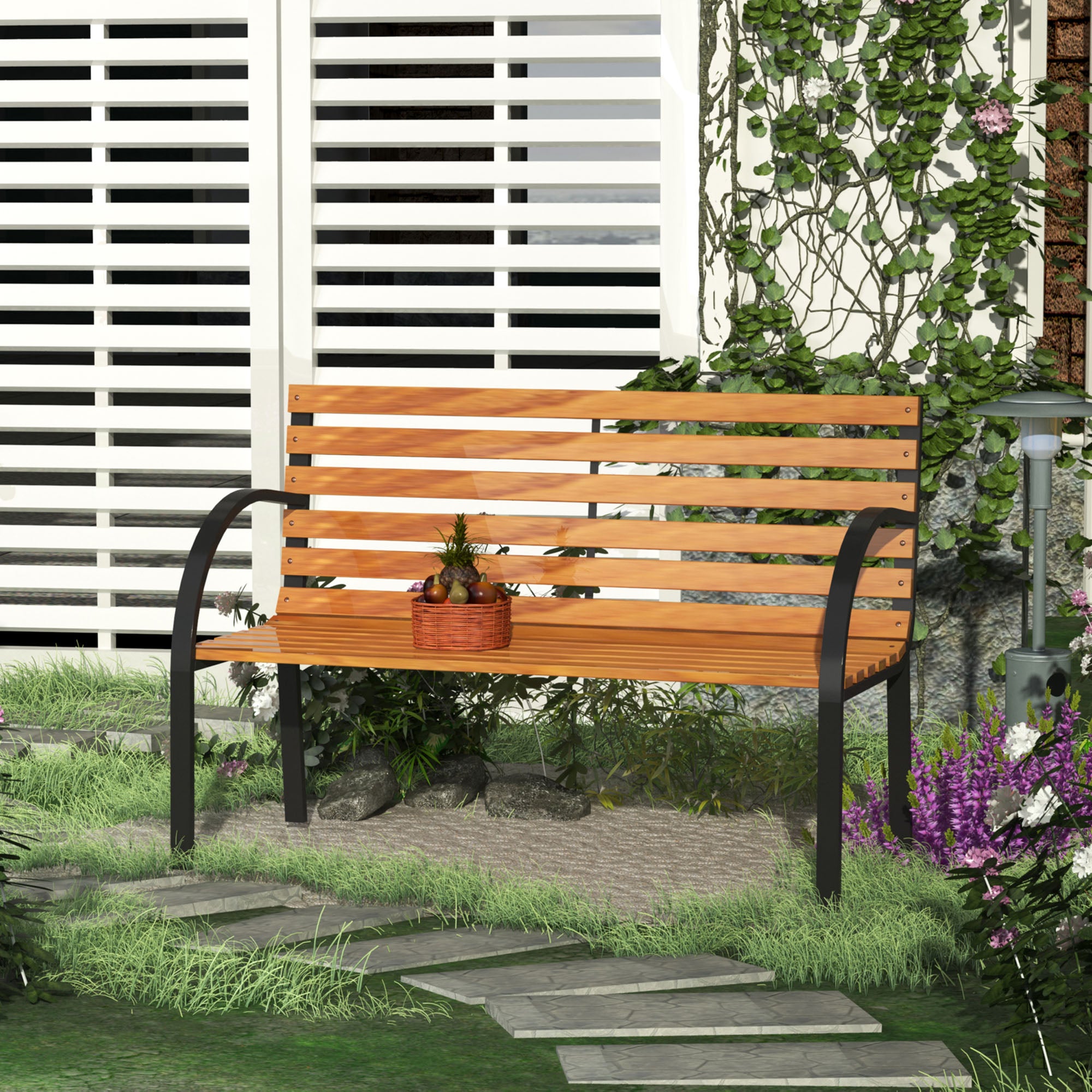Outsunny 48"L Garden Bench Outdoor Patio 2-Person Wooden Seat Chair Park Loveseat  Yard Furniture w/ Steel Frame
