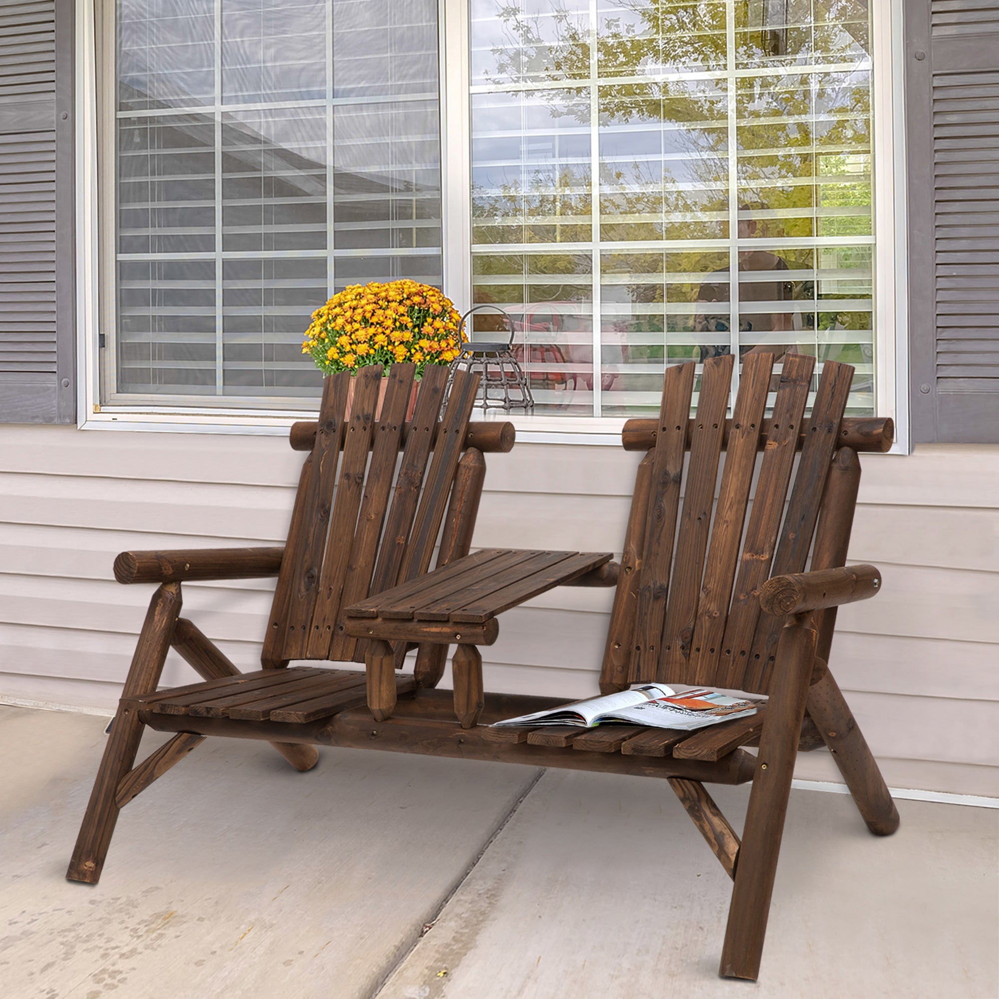 Outsunny Wood Adirondack Patio Chair Bench with Center Coffee Table, for Lounging and Relaxing Outdoors Carbonized