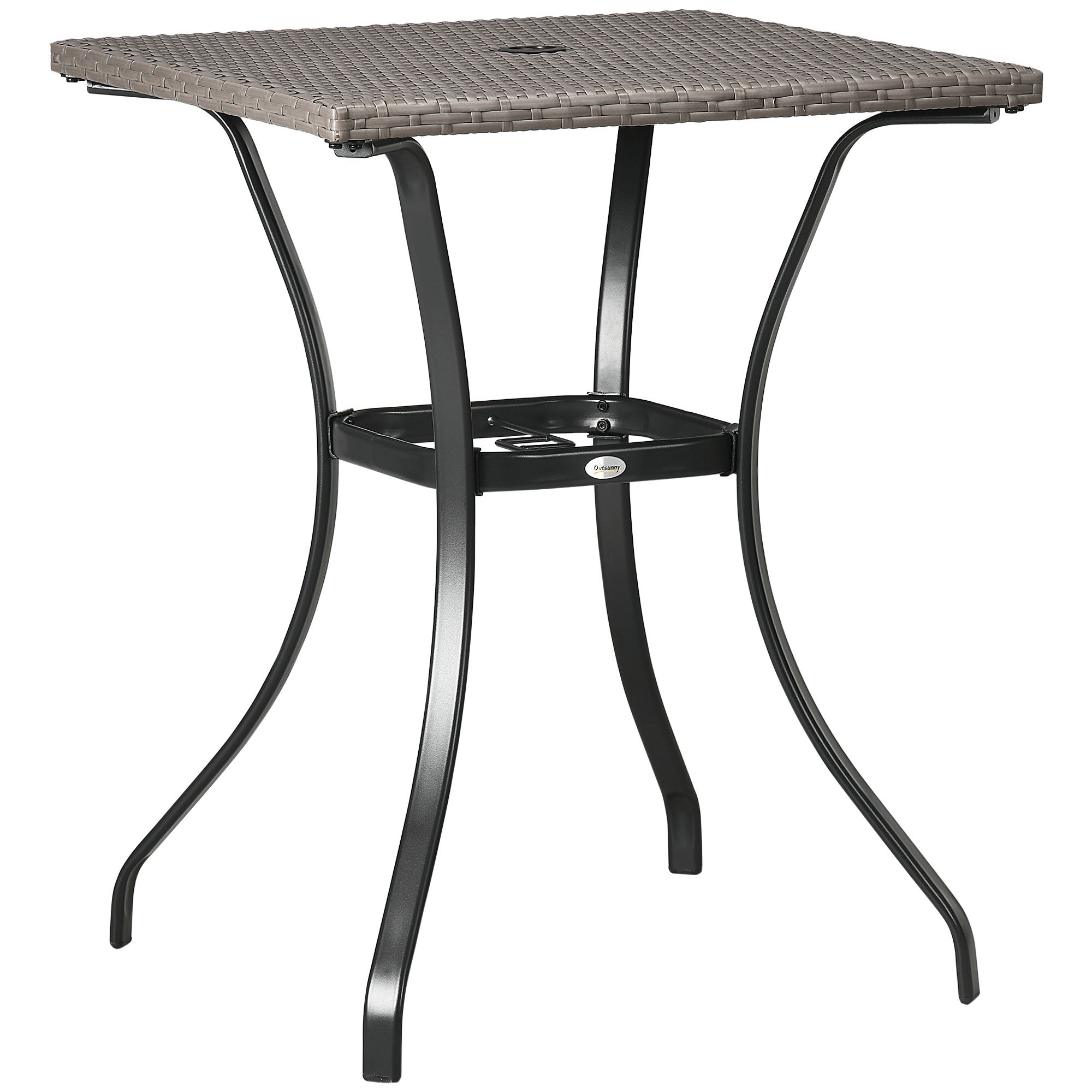 Outsunny Patio Wicker Dining Table with Umbrella Hole, 34 Inch Outdoor PE Rattan Coffee Table with Plastic Board Under the Woven Table Top for Patio, Garden, Balcony, Light Grey