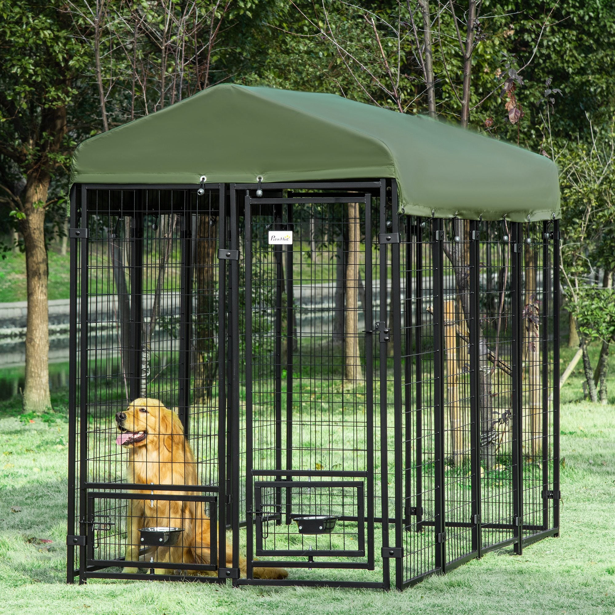 PawHut Outdoor Dog Kennel, Lockable Pet Playpen Crate, Welded Wire Steel Fence, Rotating Bowl Holders, Green