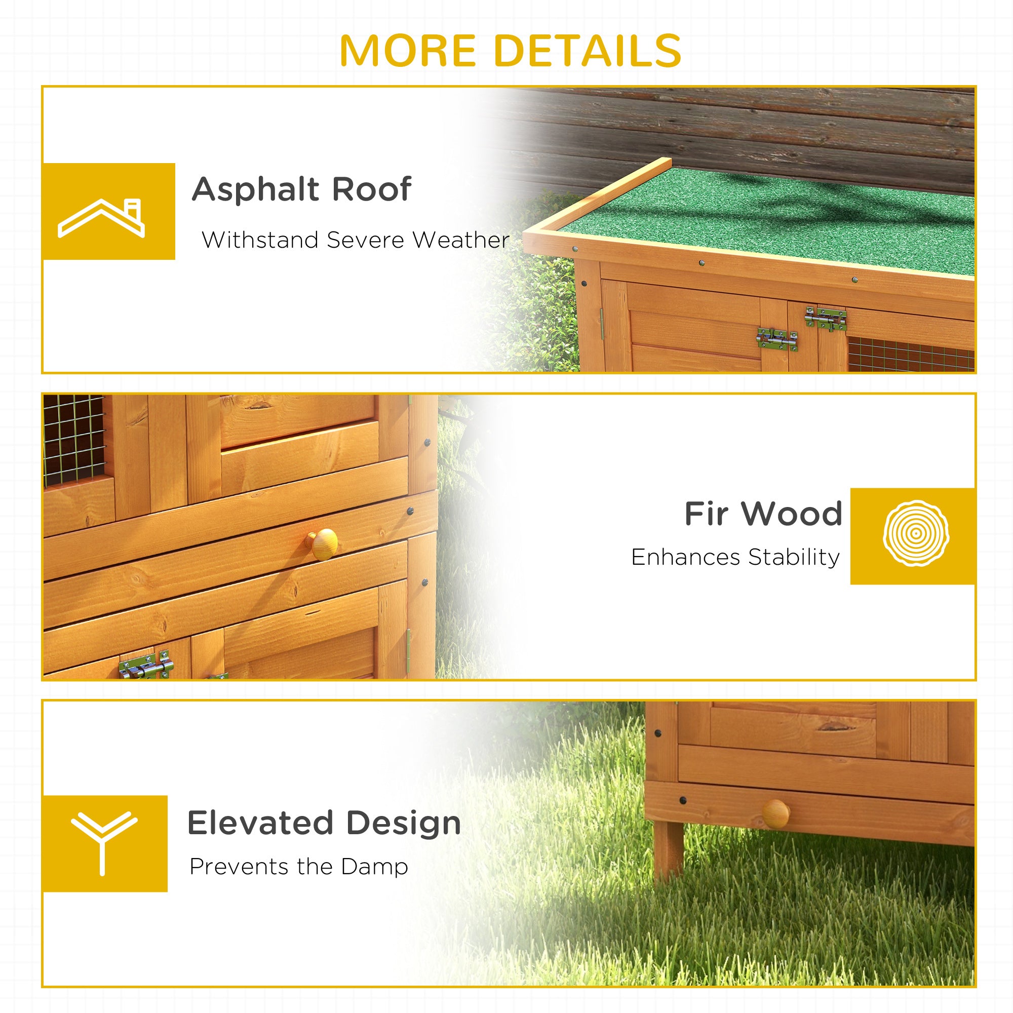 PawHut 2-Tier Wooden Rabbit Hutch Small Animal House Bunny Pet Cage with 2 Main Rooms, Sliding Tray, Opening Top, Yellow