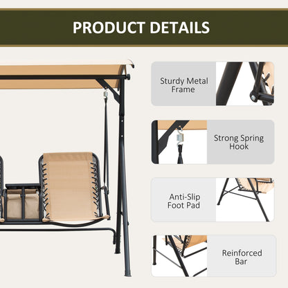 Outsunny 2 Person Covered Porch Swing Patio Swing with Pivot Storage Table, Cup Holder, & Adjustable Overhead Canopy, Beige