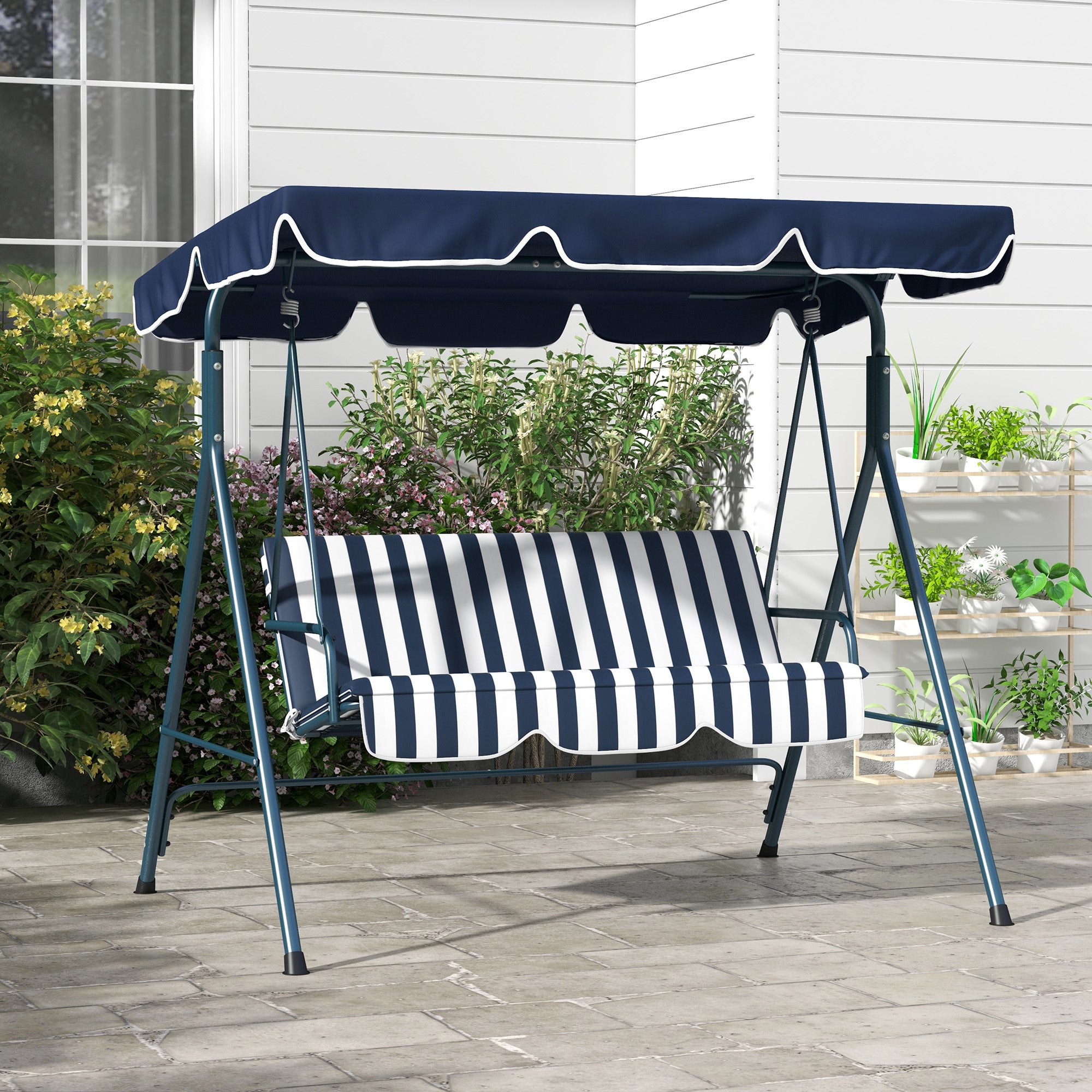 Outsunny 3-Seater Outdoor Porch Swing with Adjustable Canopy, Patio Swing Chair for Garden, Poolside, Backyard, Blue and White