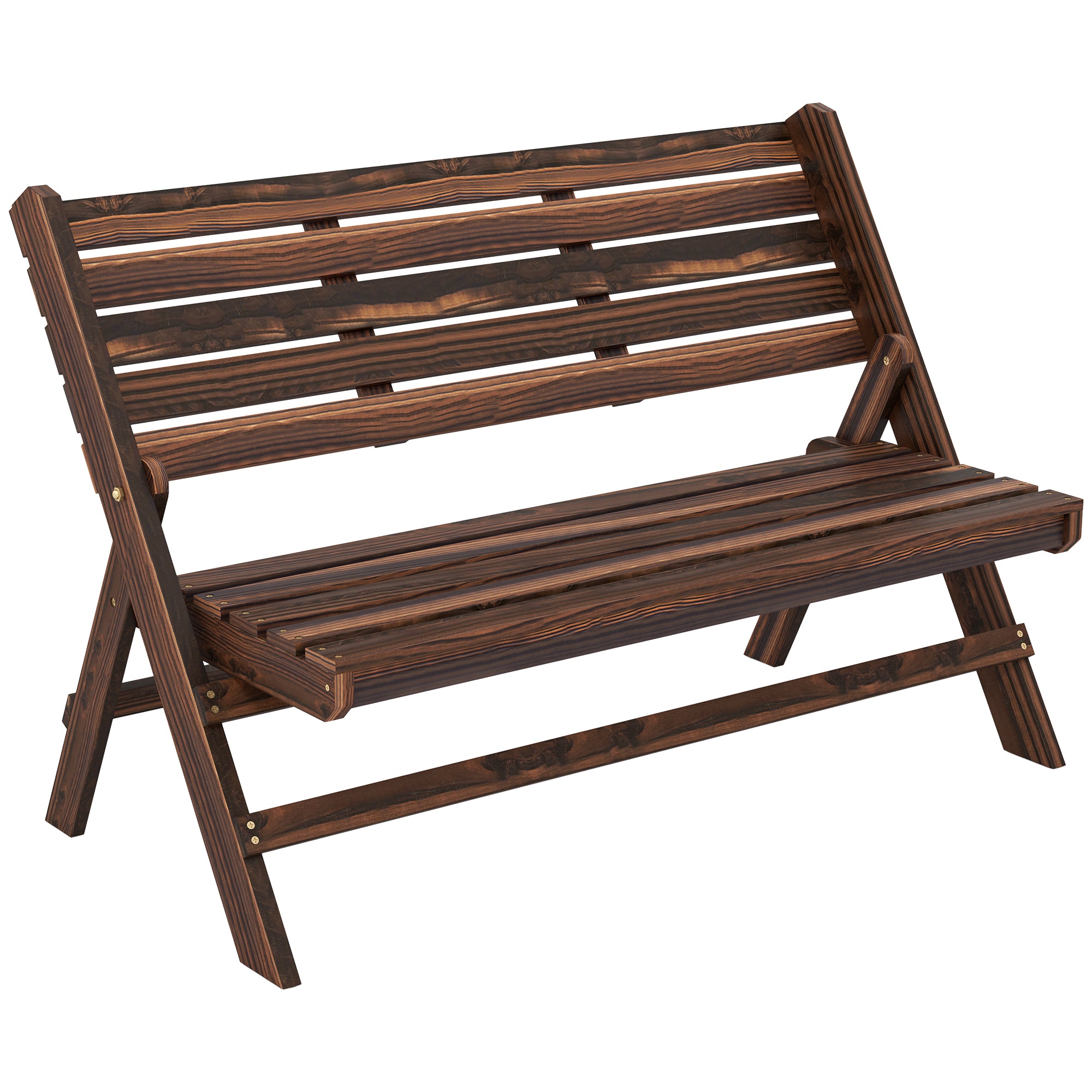 Outsunny 2-Seater Wooden Outdoor Bench, Foldable Garden Bench with Slatted Backrest and Seat, Patio Loveseat, Carbonised Finish
