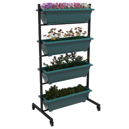 Outsunny 4-Tier Vertical Raised Garden Planter with 4 Boxes, Wheels, Outdoor Plant Stand for Vegetable Flowers, Green