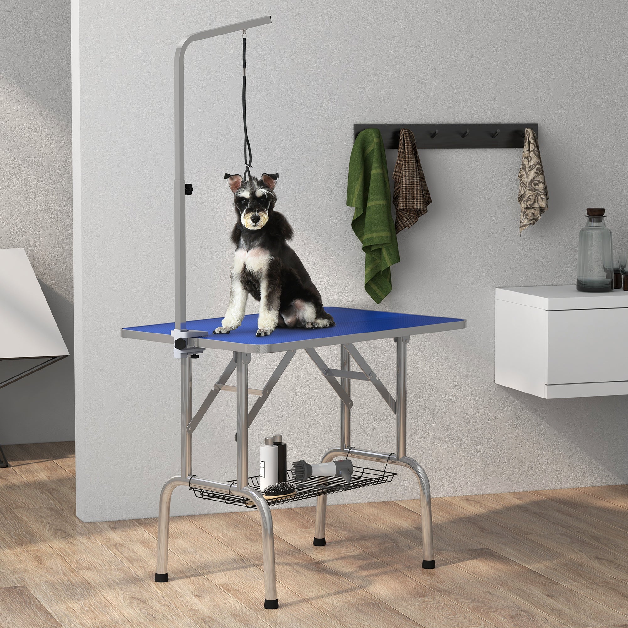 PawHut Foldable Grooming Table for Dogs with Height Adjustable Grooming Arm, Storage Shelf, Blue