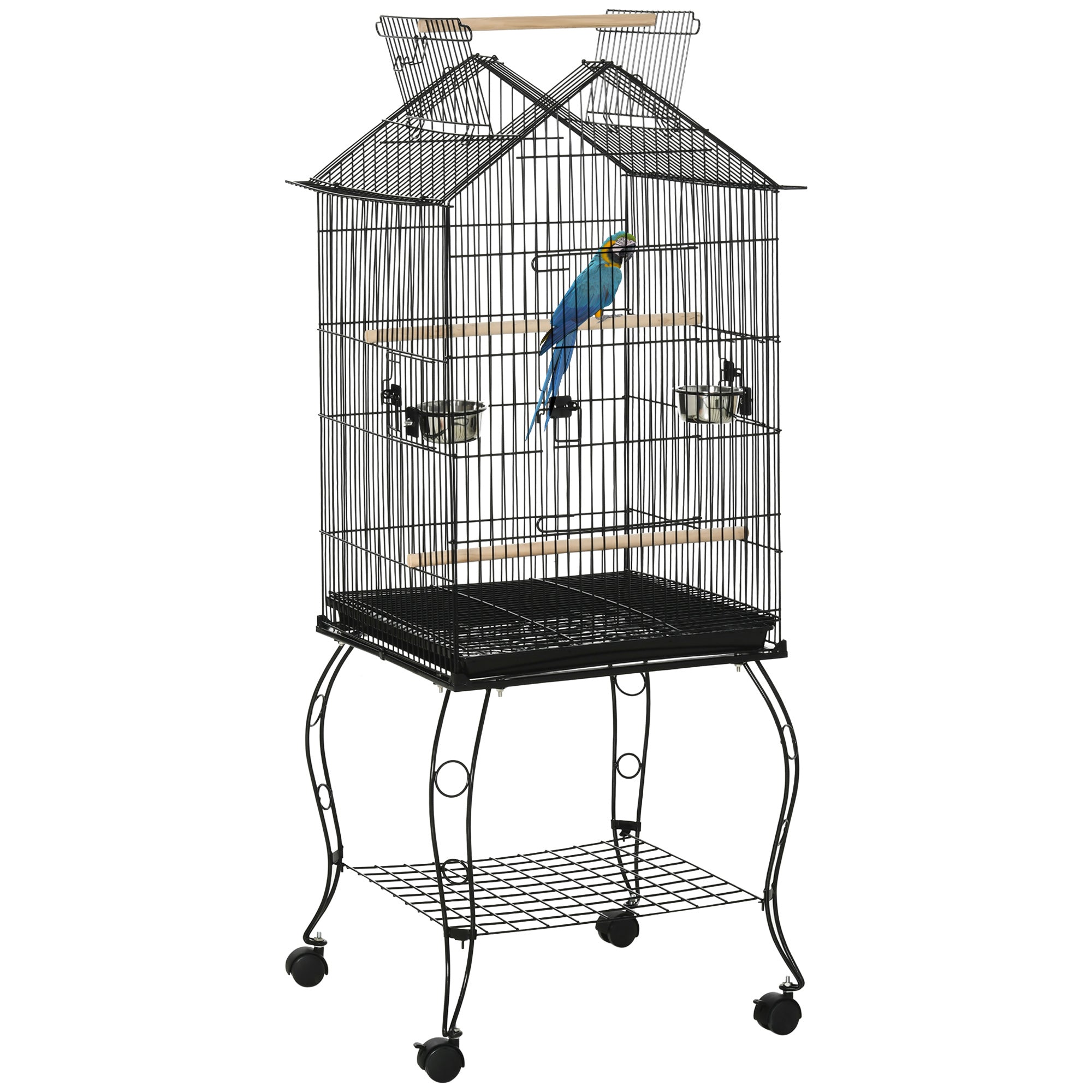 PawHut Bird Cage 57 Inch Flight Cage for Cockatiel, Conure with Rolling Stand, Pull Out Tray, Storage Shelf, Open Top