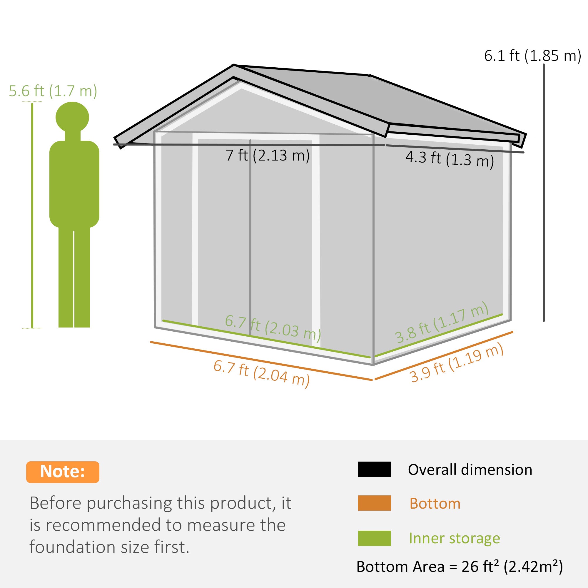 Outsunny 7' x 4' x 6' Garden Storage Shed Outdoor Patio Metal Tool Storage House w/ Foundation Kit and Double Doors Dark Grey