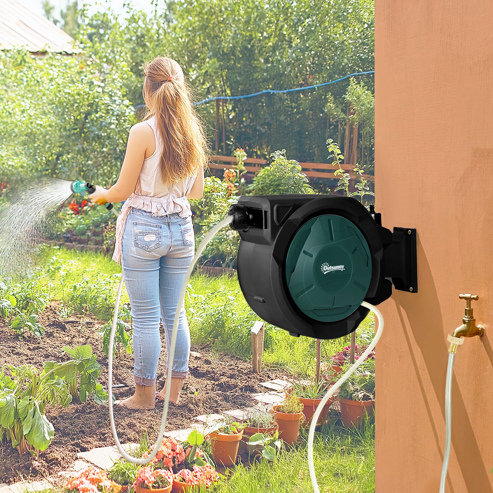 Outsunny 1/2 in x 65ft Wall Mounted Garden Hose Reel, Retractable Water Hose Reel with Auto Rewind, Any Length Lock, Blue