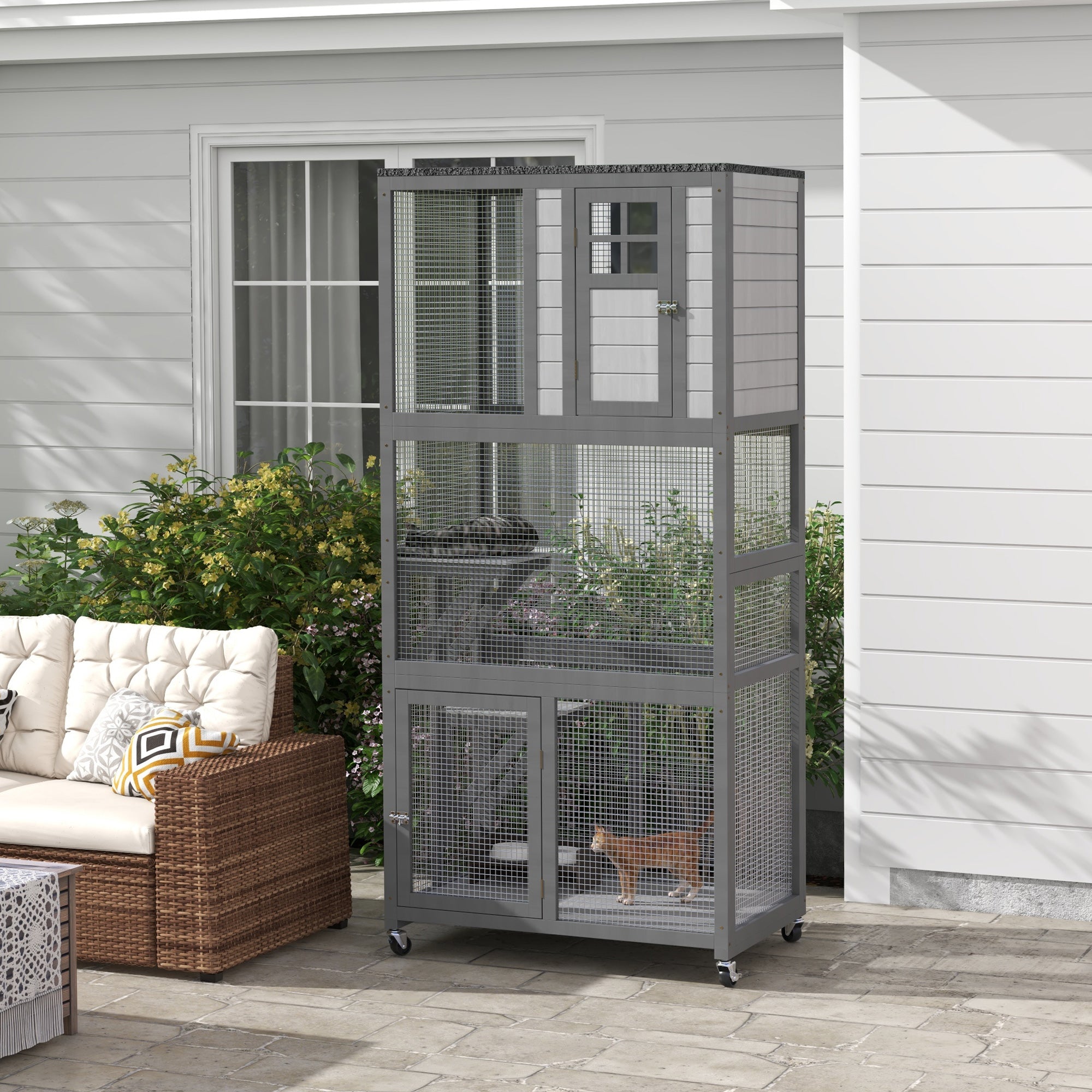 PawHut 74" Wooden Outdoor Cat House Weatherproof & Wheeled with High Weight Capacity, Kitten Cage Condo, Light Grey