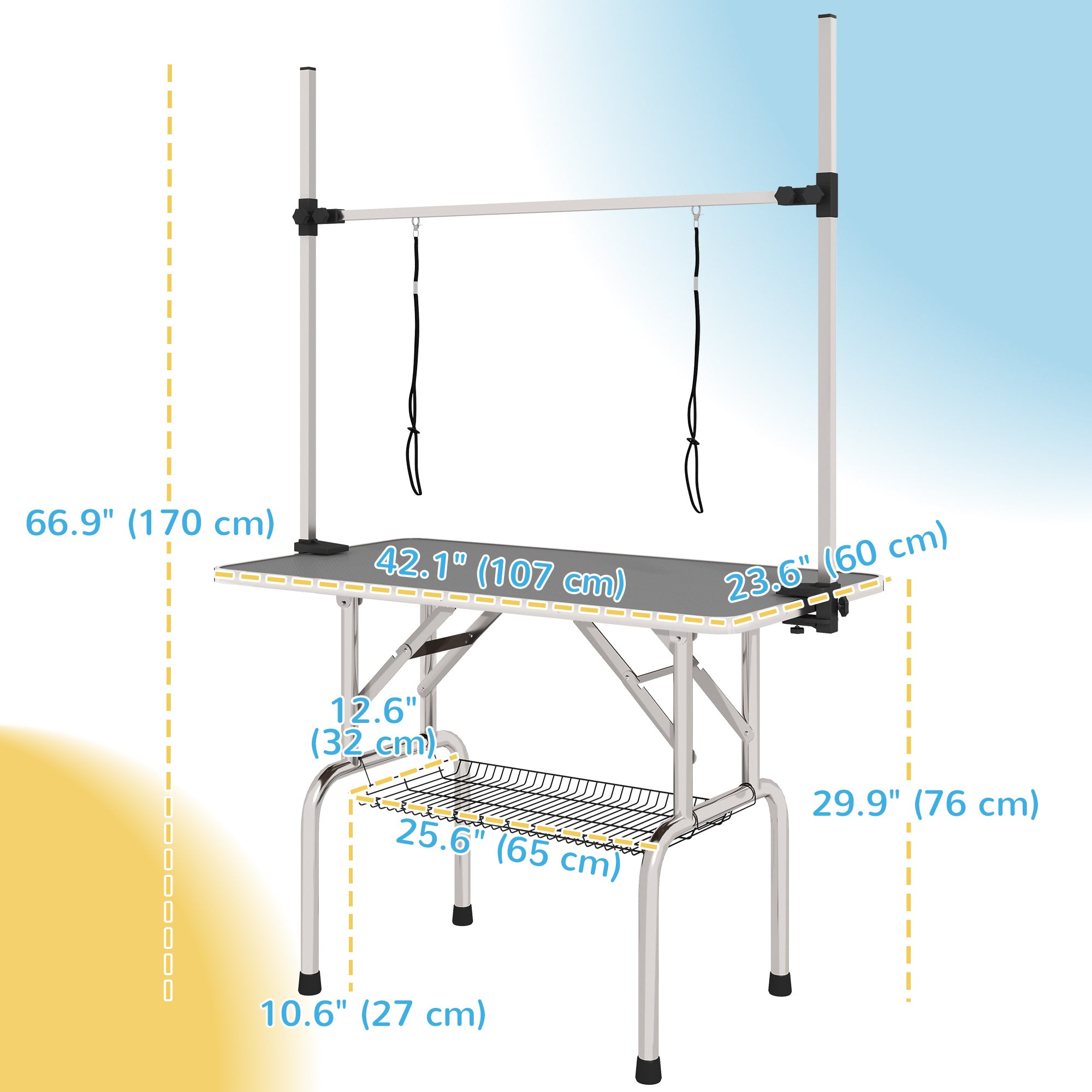 PawHut Adjustable Dog Grooming Table with 2 Safety Slings, Storage Basket, Grey