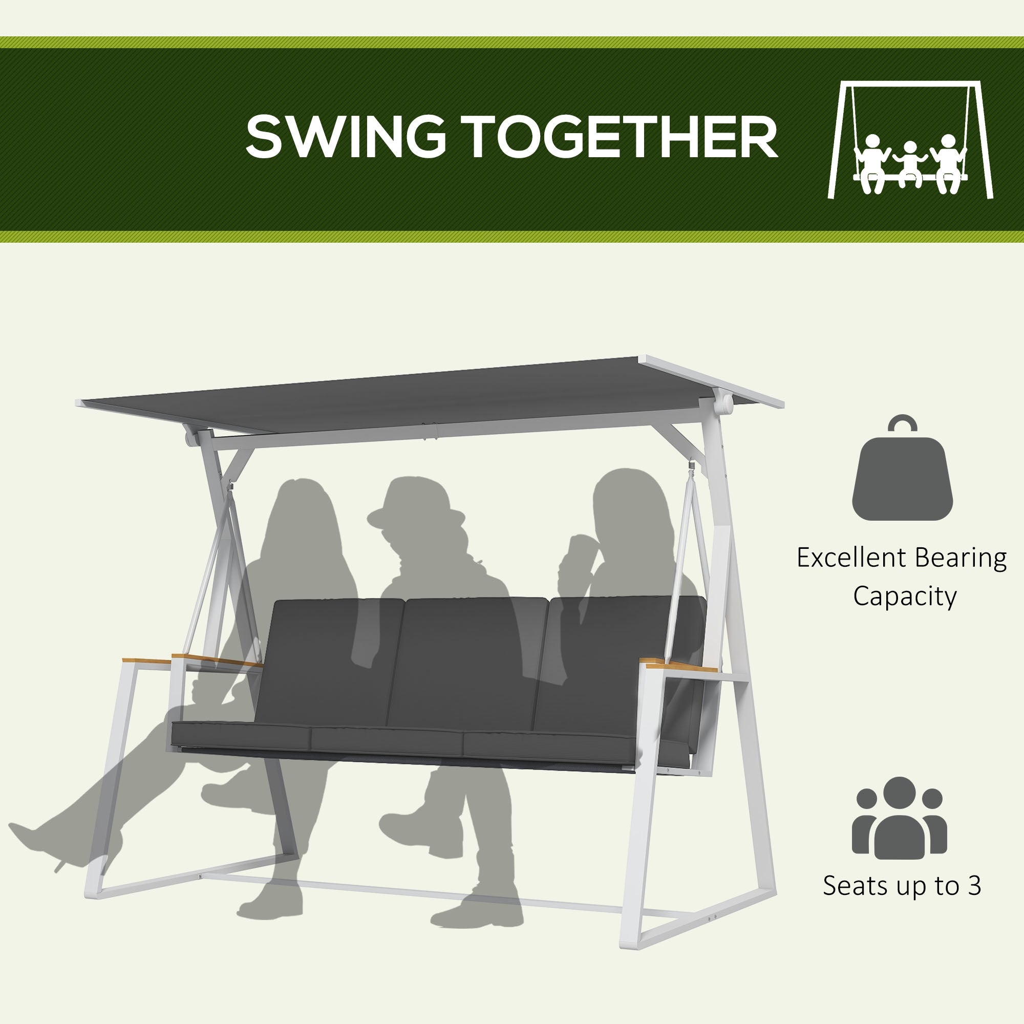 Outsunny 3-Seat Outdoor Porch Swing Outdoor Patio Swing with Adjustable Canopy, Removable Cushion for Garden, Poolside, Grey