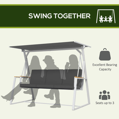 Outsunny 3-Seat Outdoor Porch Swing Outdoor Patio Swing with Adjustable Canopy, Removable Cushion for Garden, Poolside, Grey