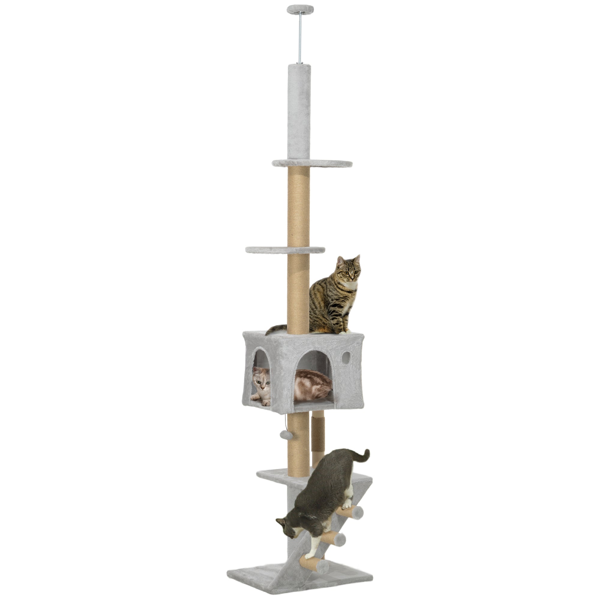 PawHut 89"-104" Floor to Ceiling Cat Tree w/ Scratching Post, Cat House, 3-Steps, Hanging Ball, Perches, Light Grey