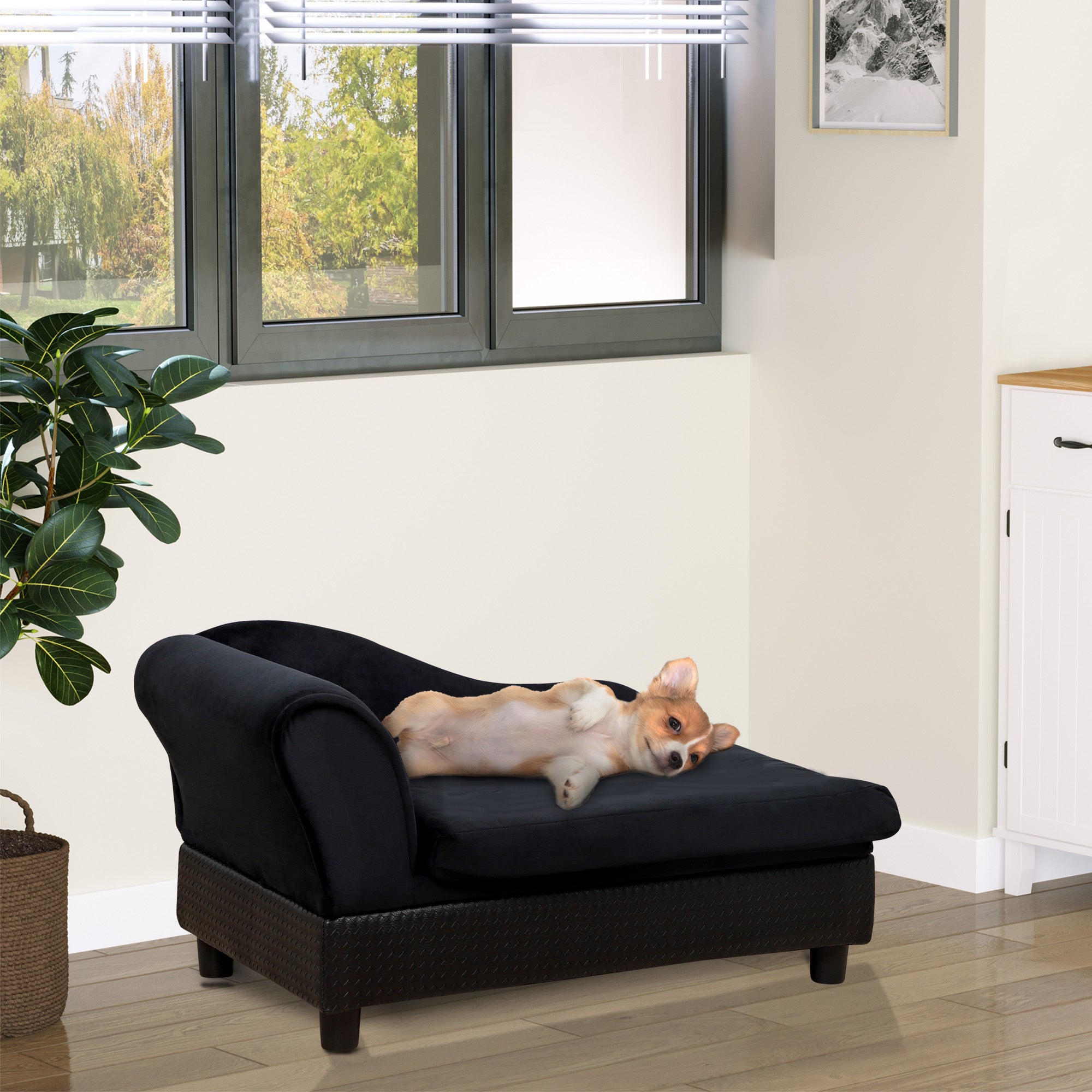 PawHut Pet Sofa Dog Couch Chaise Lounge Pet Bed with Storage Function Small Sized Dog Various Cat Sponge Cushioned Bed Lounge, Black