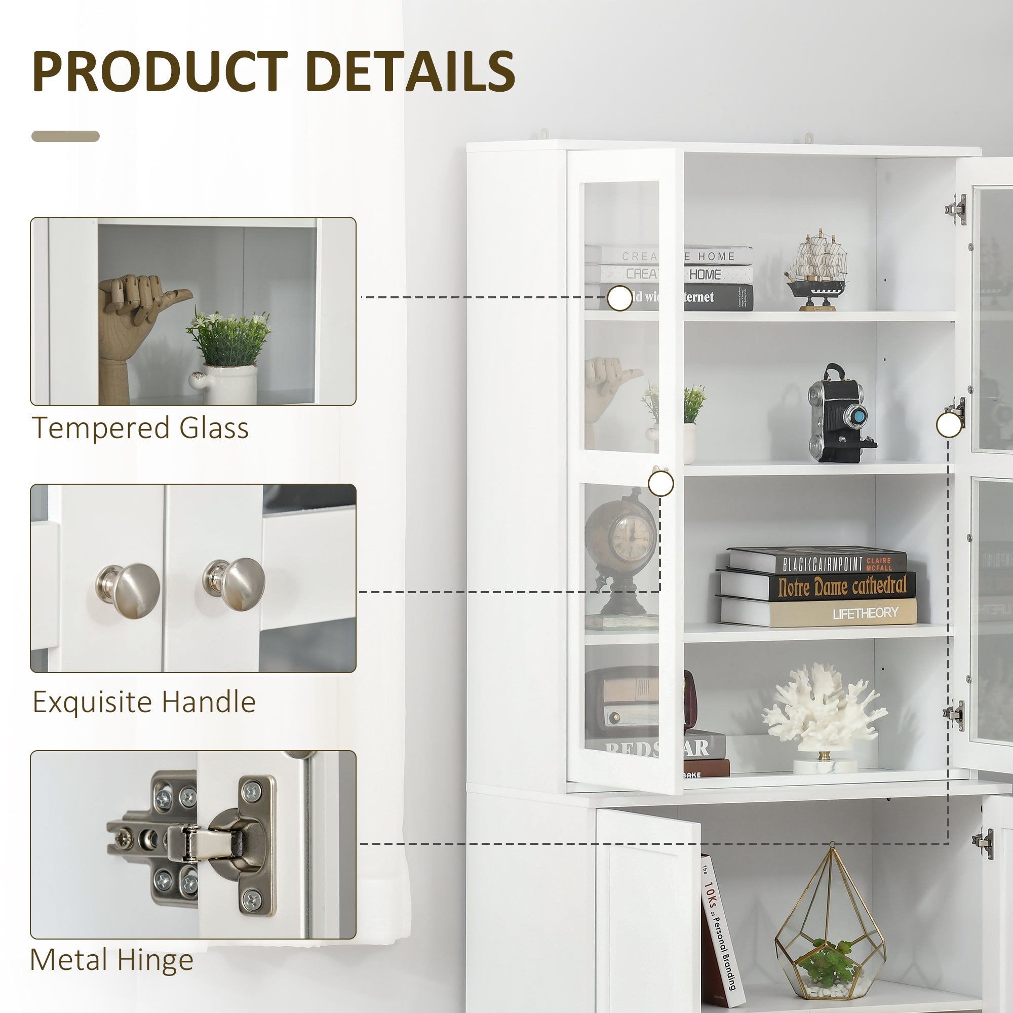 HOMCOM Bookcase Storage Cabinet with Doors, Modern Tall Bookshelf with 2 Adjustable Shelves, Display Unit for Study, Living Room, Home Office, White