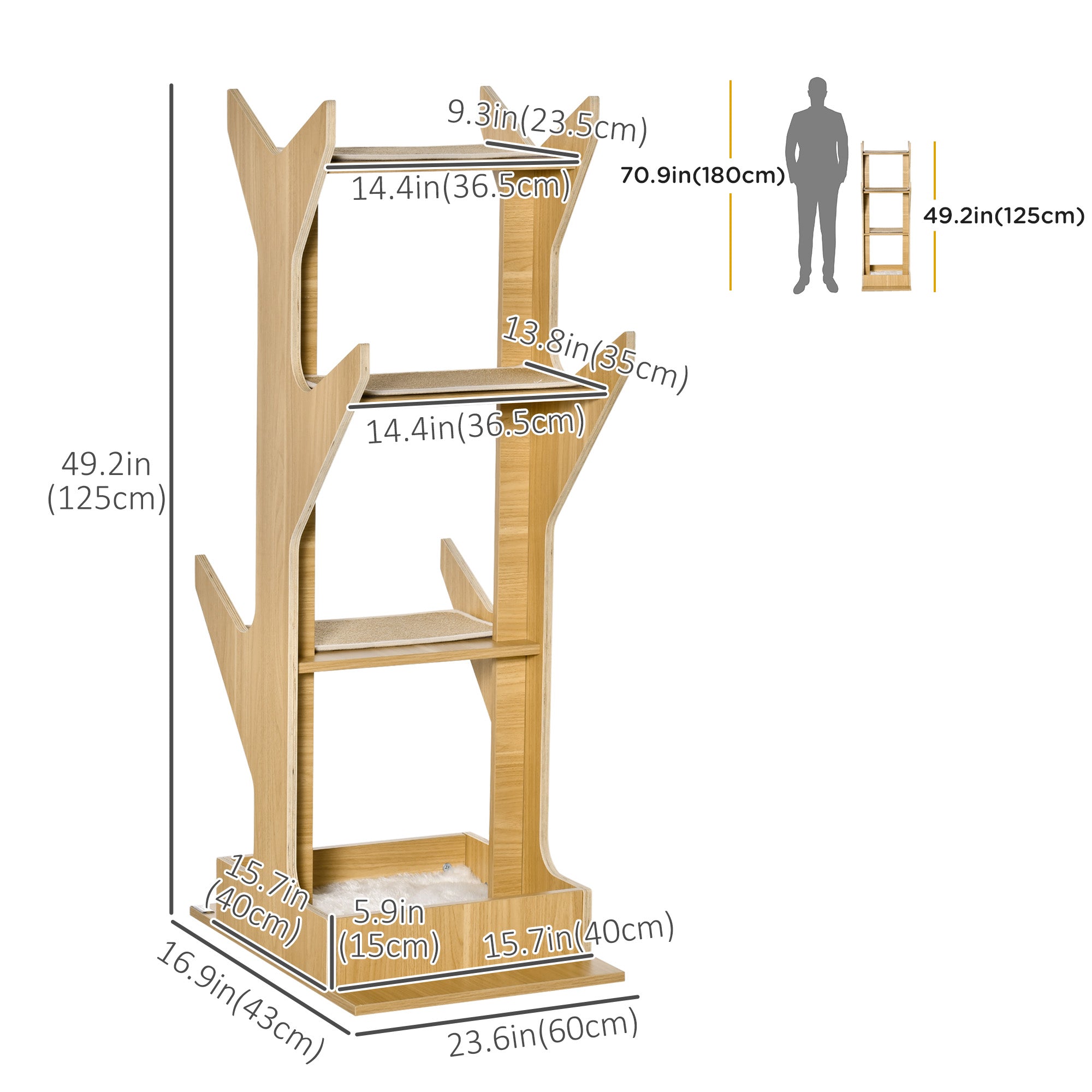 PawHut 4-level Platform Cat Tree with Resting House, Activity Center for kittens, Cat Tower Furniture with Cushion, Oak
