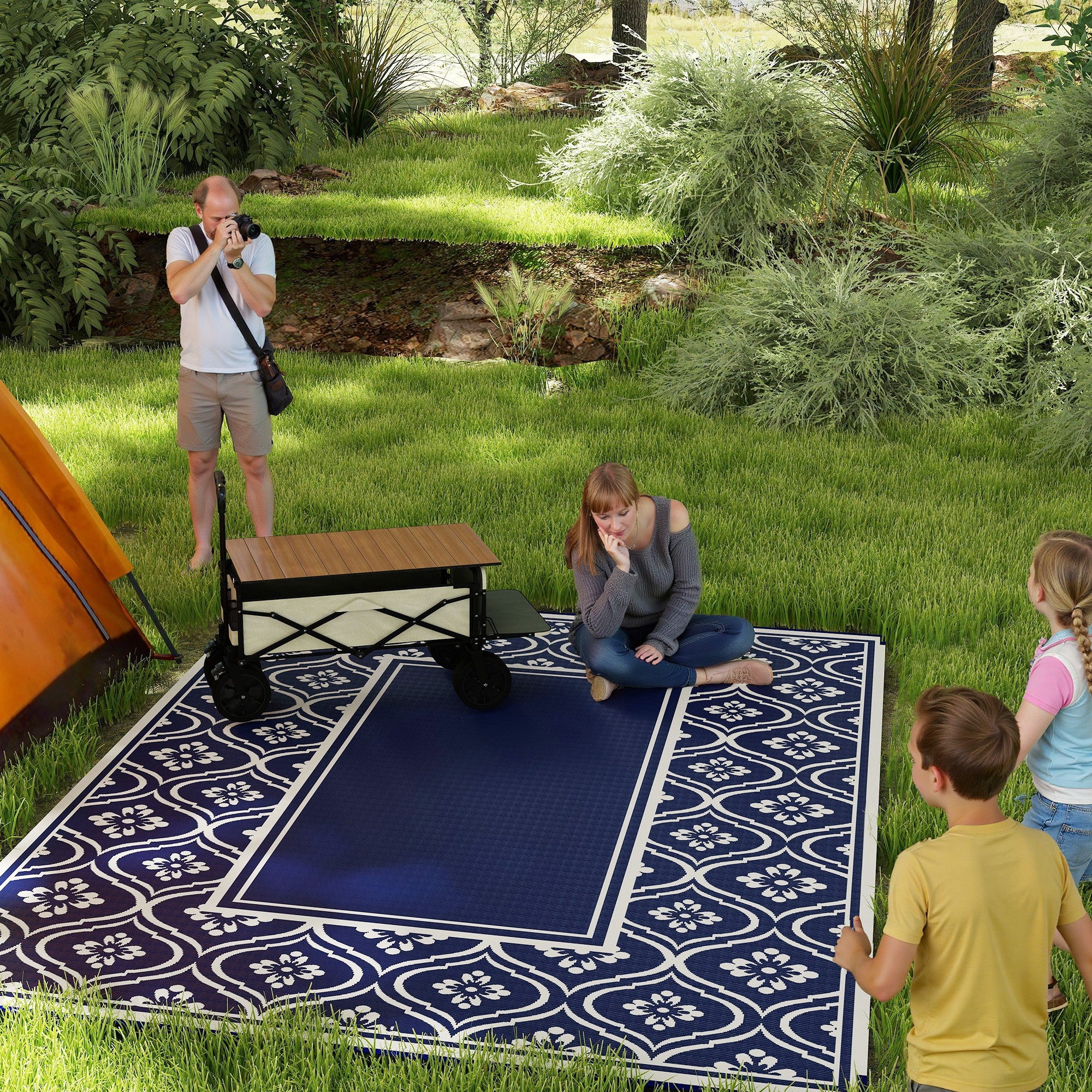 Outsunny 9' x 12' Outdoor RV Rug, Reversible Patio Floor Mat with Carry Bag, Gourd Border, Blue and White