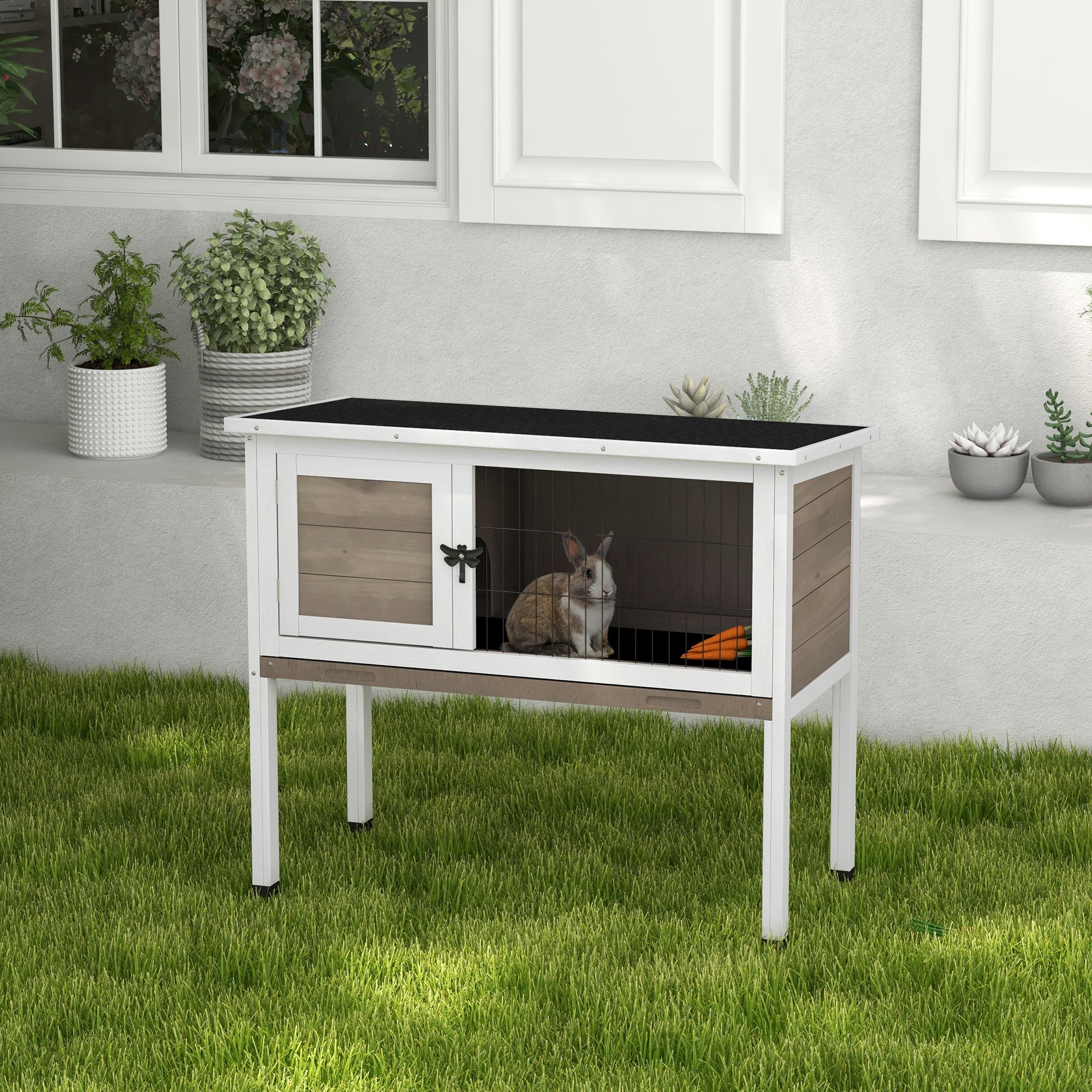 PawHut Wooden Rabbit Hutch with Openable Asphalt Roof, Tray, Brown