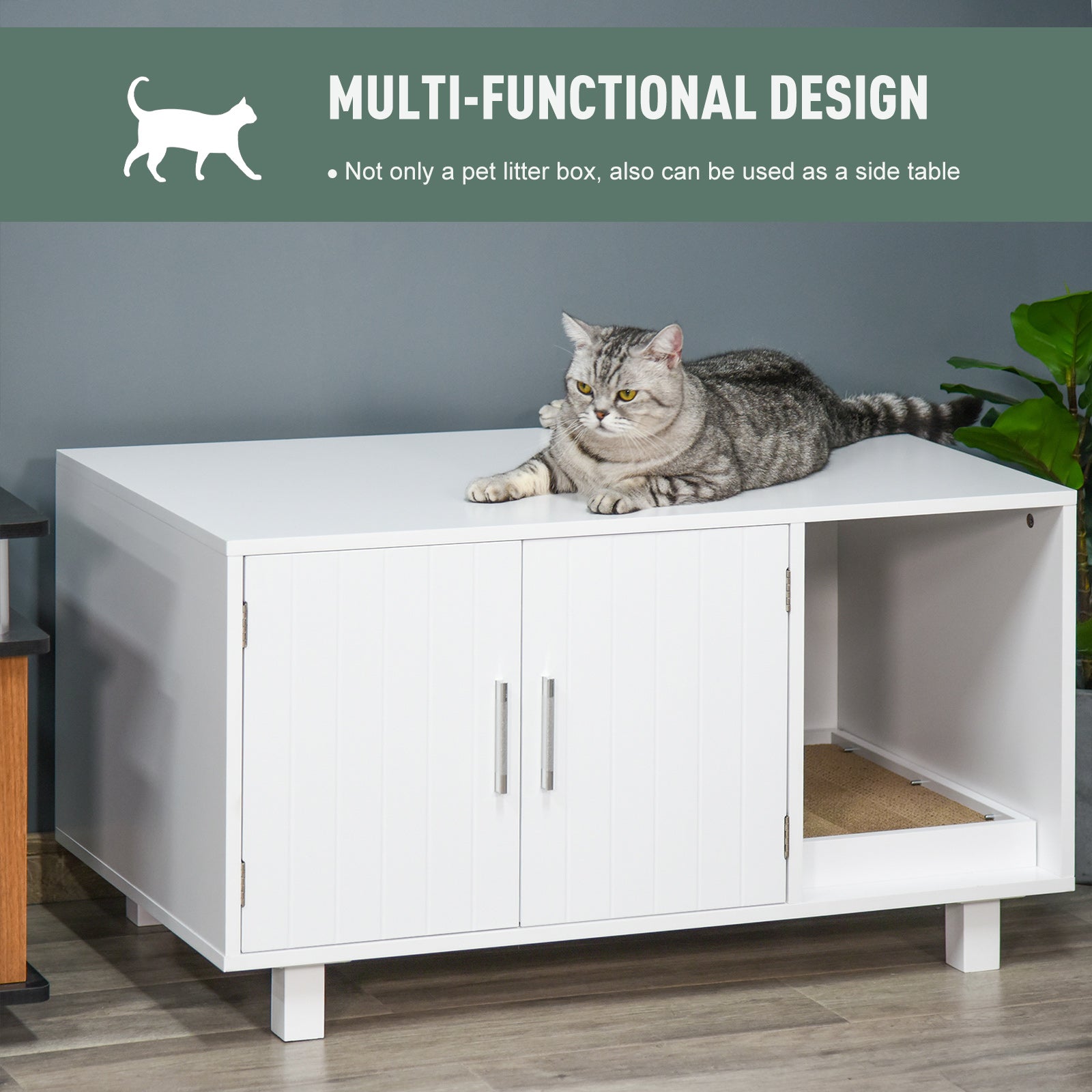 PawHut Cat Litter Box Enclosure, Hidden Litter Box Furniture, Cat House End Table Washroom with Scratching Pad, for Indoor Cats Kittens, White